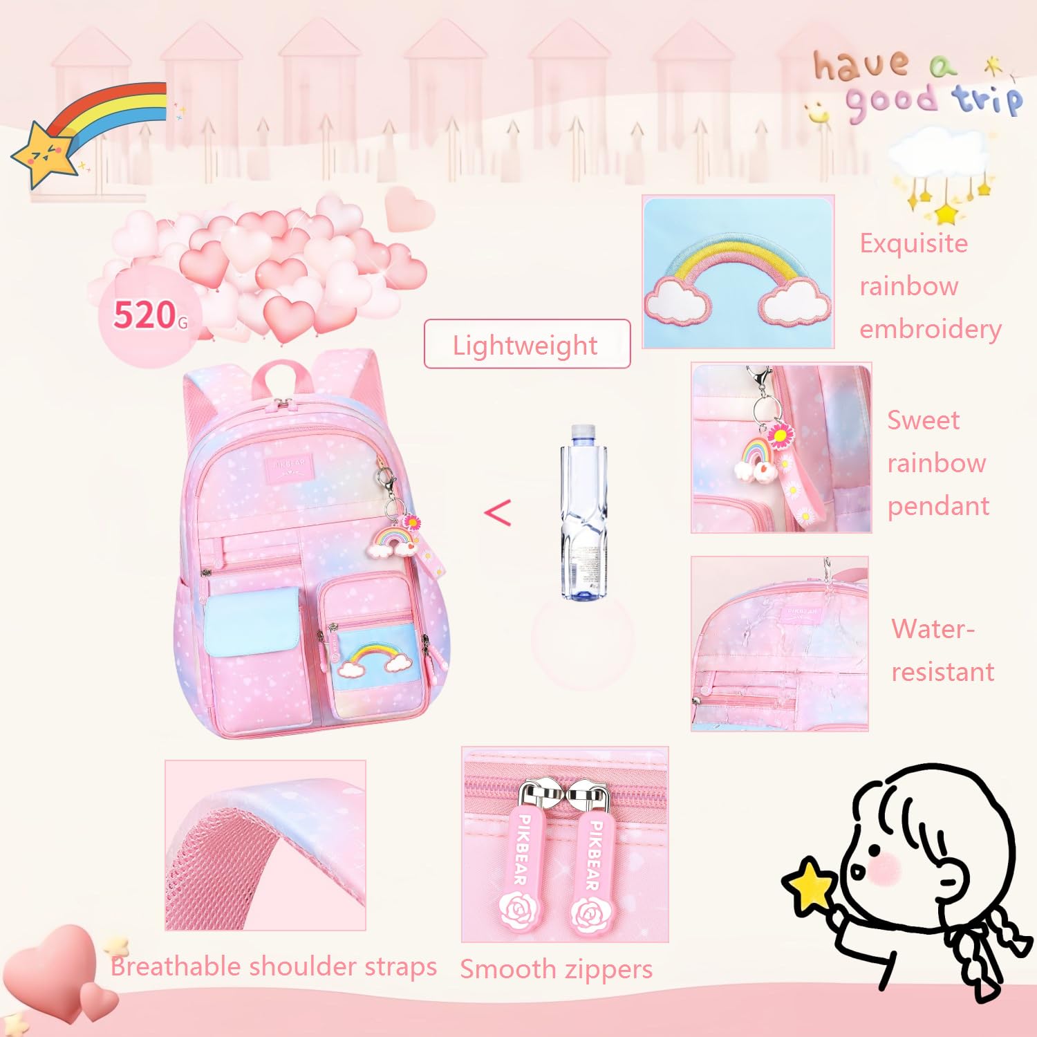 Gradient Rainbow Backpack for Girls - Cute Heart Print School Bookbag with Multiple Compartments | Durable Elementary Backpack for School, Travel & Daily Use