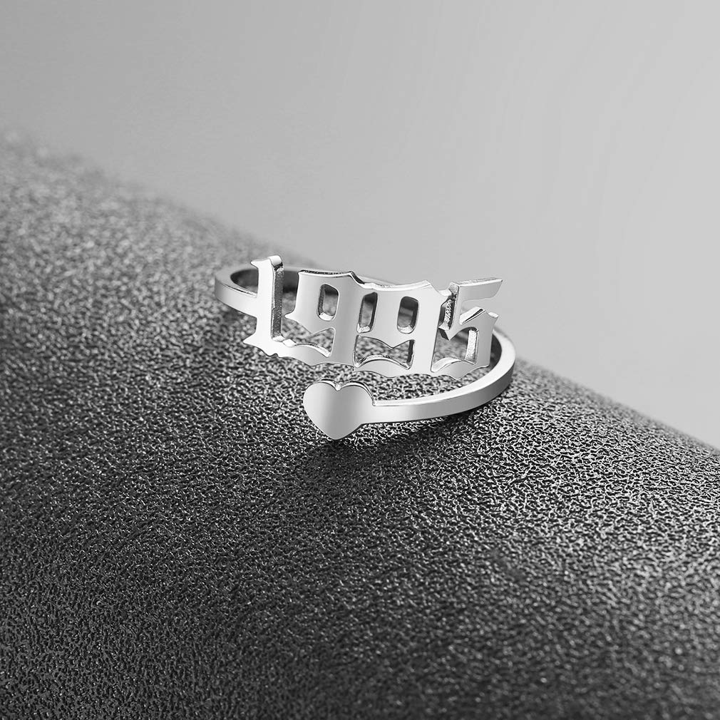 SKQIR Adjustable Initial & Birth Year Open Ring for Women - Gold/Silver Stainless Steel Promise Ring, Engagement Band, Wedding Jewelry - Perfect Gift for Girlfriend, Anniversary, Valentine's Day (Delicate Jewelry for Everyday Wear & Special Occasions)