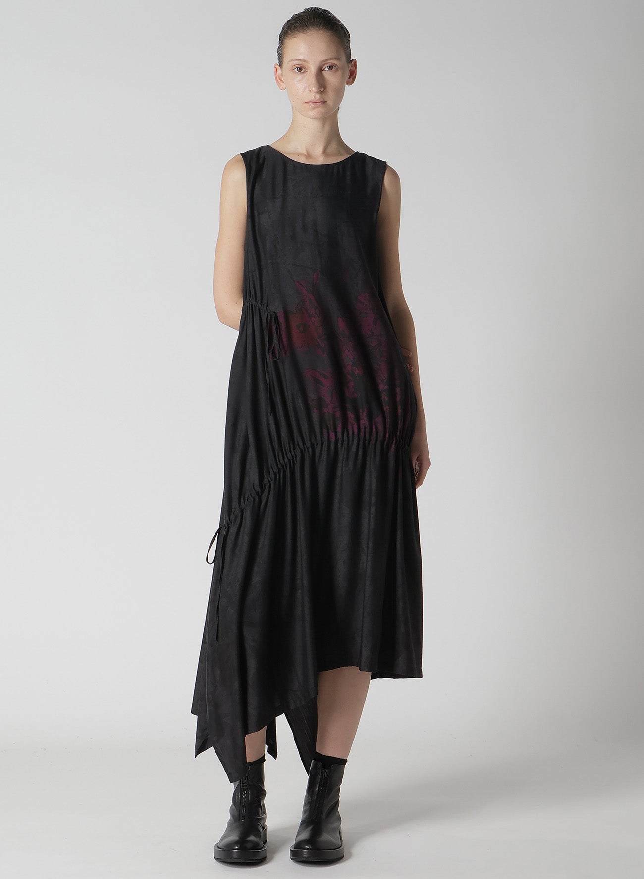 Cupro Dungaree Twill Floral & Asphalt Print Shirring Dress - Stylish & Comfortable for Casual Outings, Dates & Summer Events
