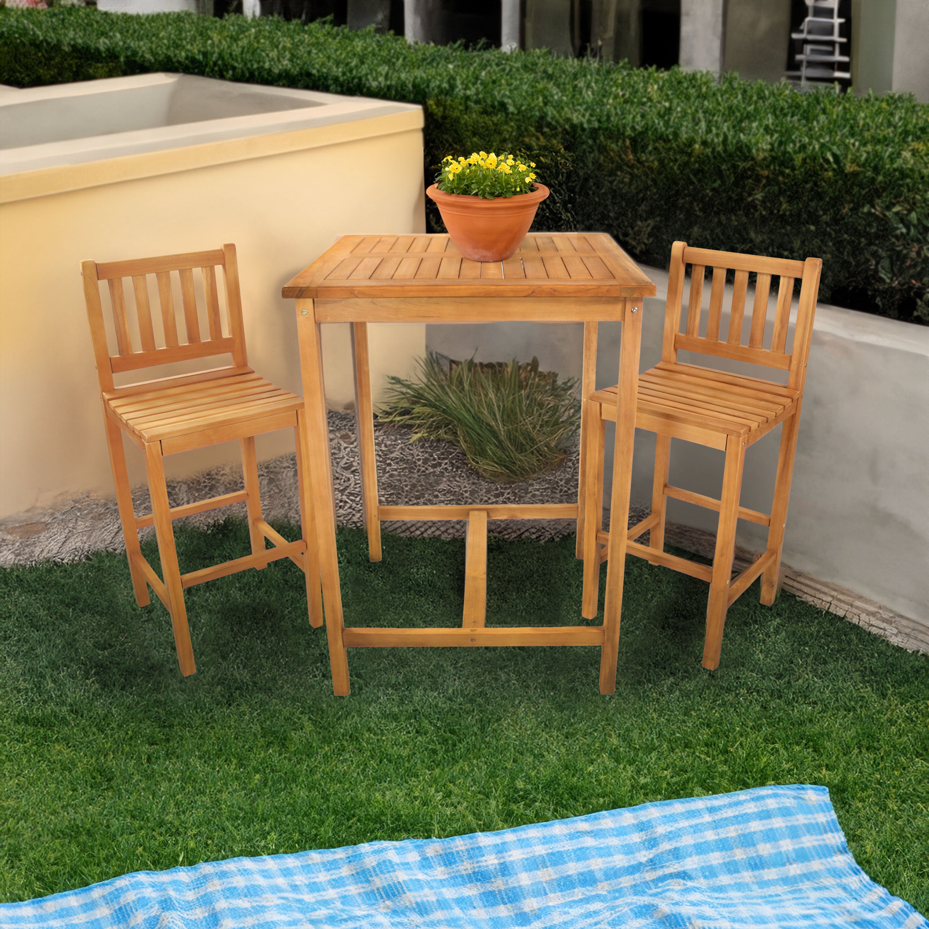 Sunnydaze 3-Piece Wooden Patio Bar Set - Outdoor Bar Height Table & Stools for Backyard, Deck, or Garden Relaxation