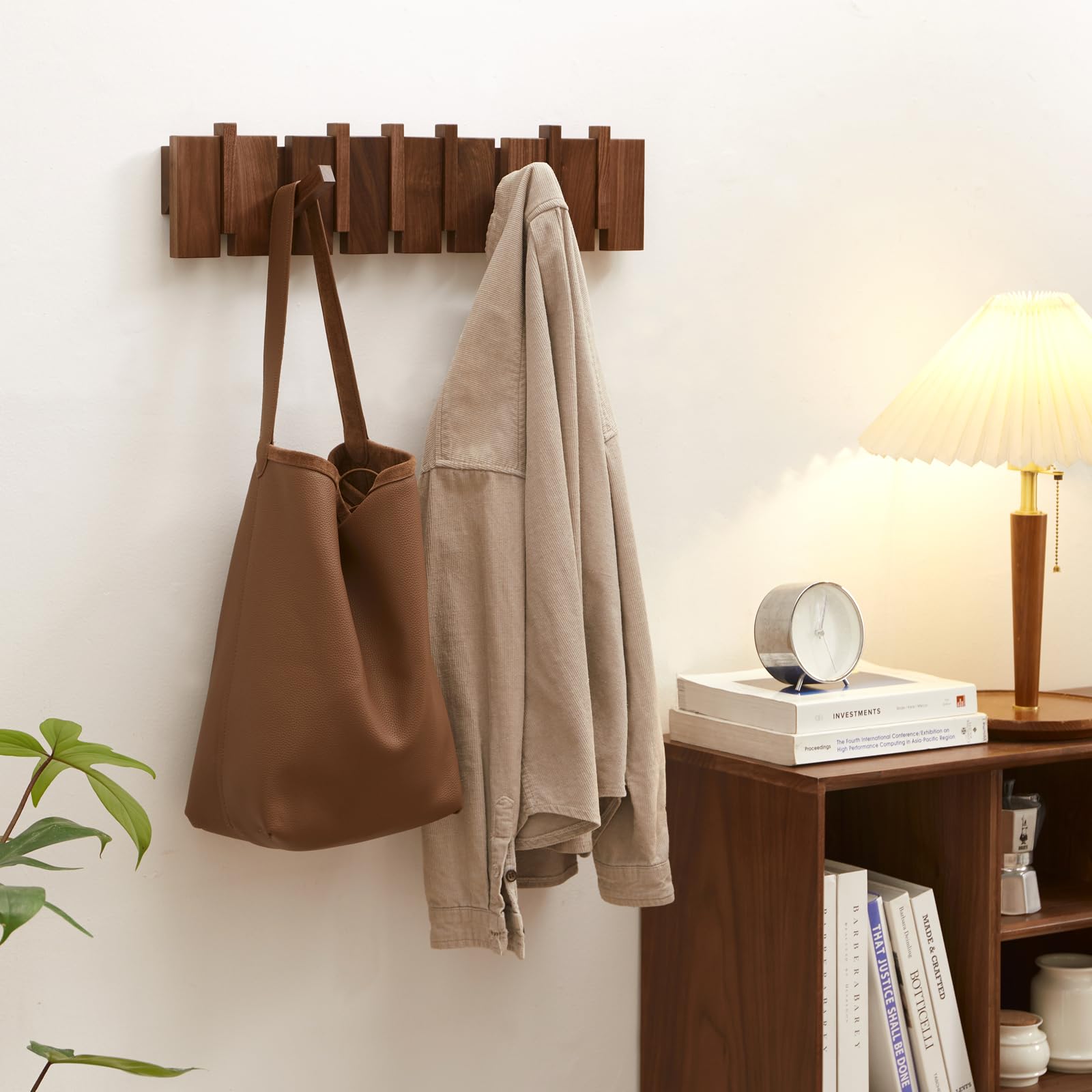 Sturdy Walnut Wood Wall Mounted Coat Rack with 8 Heavy Duty Hooks - Perfect for Hanging Coats, Keys, Hats, Robes, Towels, Plants & Bags - Ideal for Entryway, Bedroom, Bathroom & Mudroom Organization