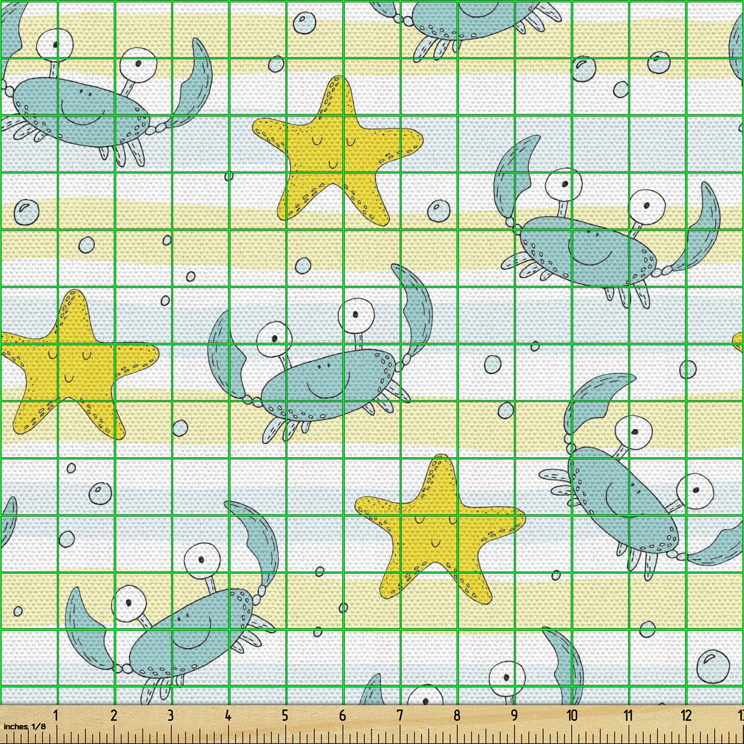 Ambesonne Marine Fabric by The Yard - Ocean Theme with Crabs, Starfish, Bubbles & Lines - Decorative Upholstery Fabric for Sofa, Curtains & Home Decor - 10 Yards Yellow Seafoam - Perfect for Coastal Living Rooms, Beach House Decor & Nautical Themed Bedrooms