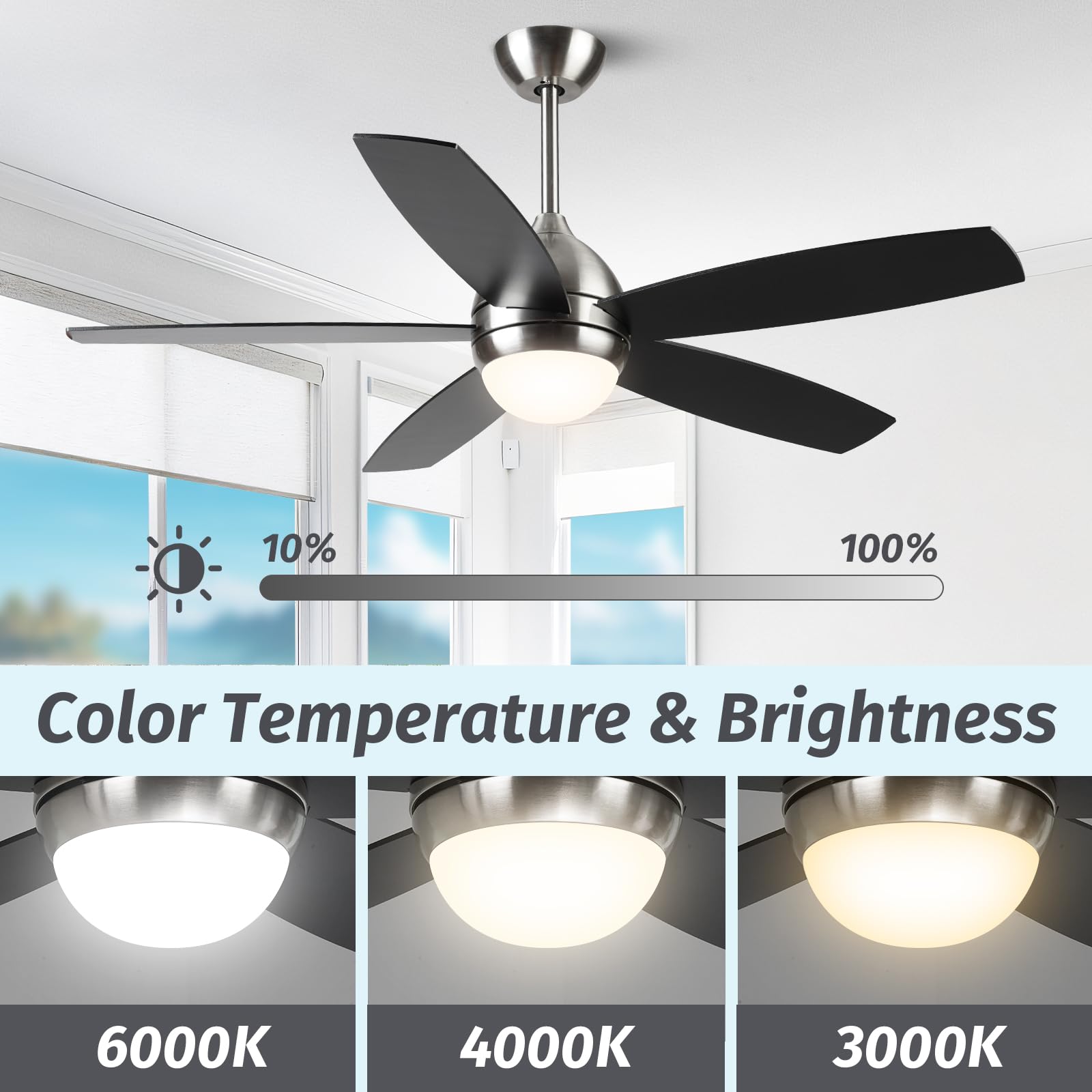 52 Inch Brushed Nickel Ceiling Fan with Lights - 6 Speed Settings, 3 Color Temperatures, Ultra Quiet DC Motor & Remote Control - Perfect for Bedroom, Living Room, Patio, Kitchen & Office Spaces