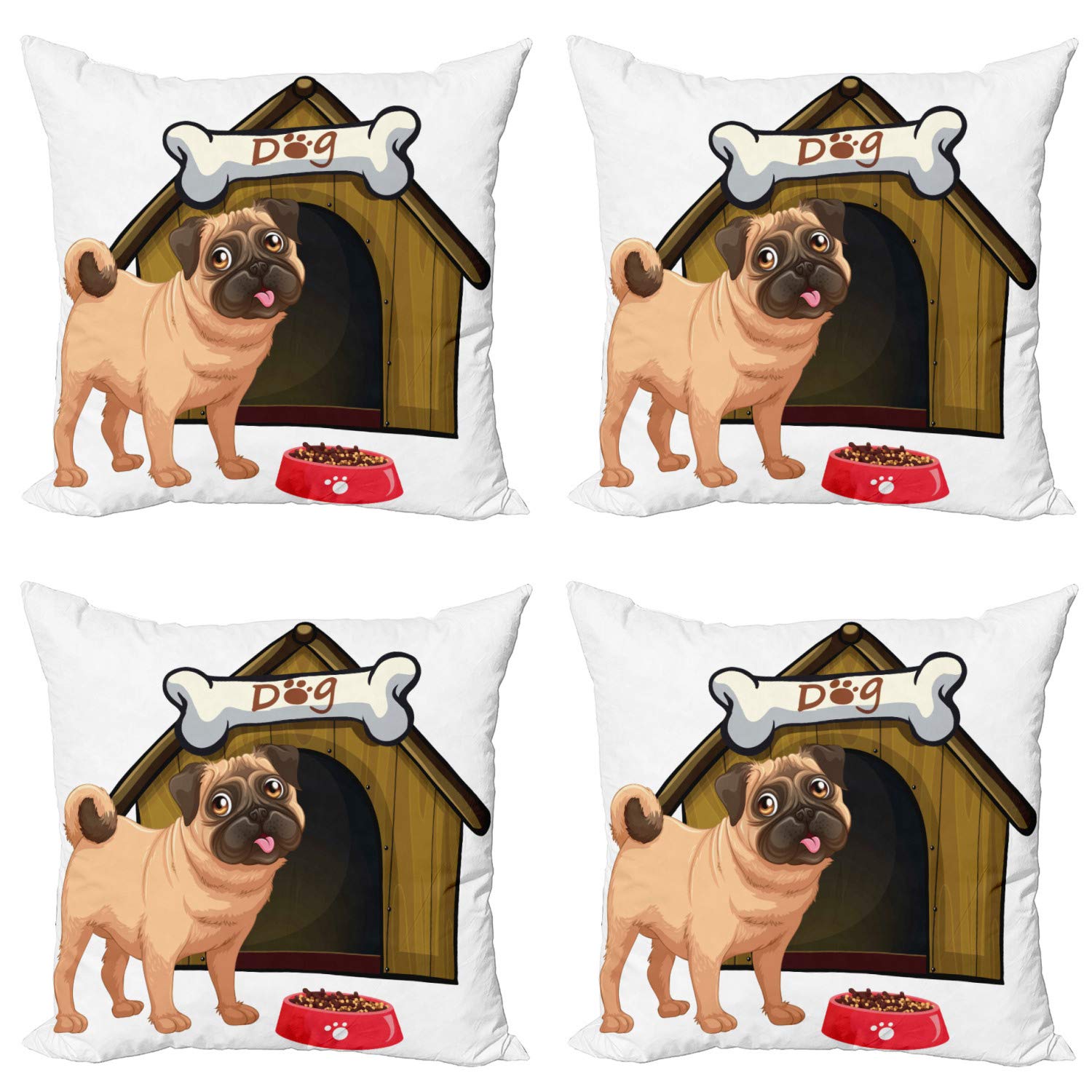 Ambesonne Pug Dog House Decorative Throw Pillow Covers Pack of 4 - 24 Inch Cartoon Style Cushion Covers for Sofa, Couch, Living Room & Car - Pale Coffee Sand Brown - Perfect for Home Decor, Pet Lover Gifts & Cozy Interior Design