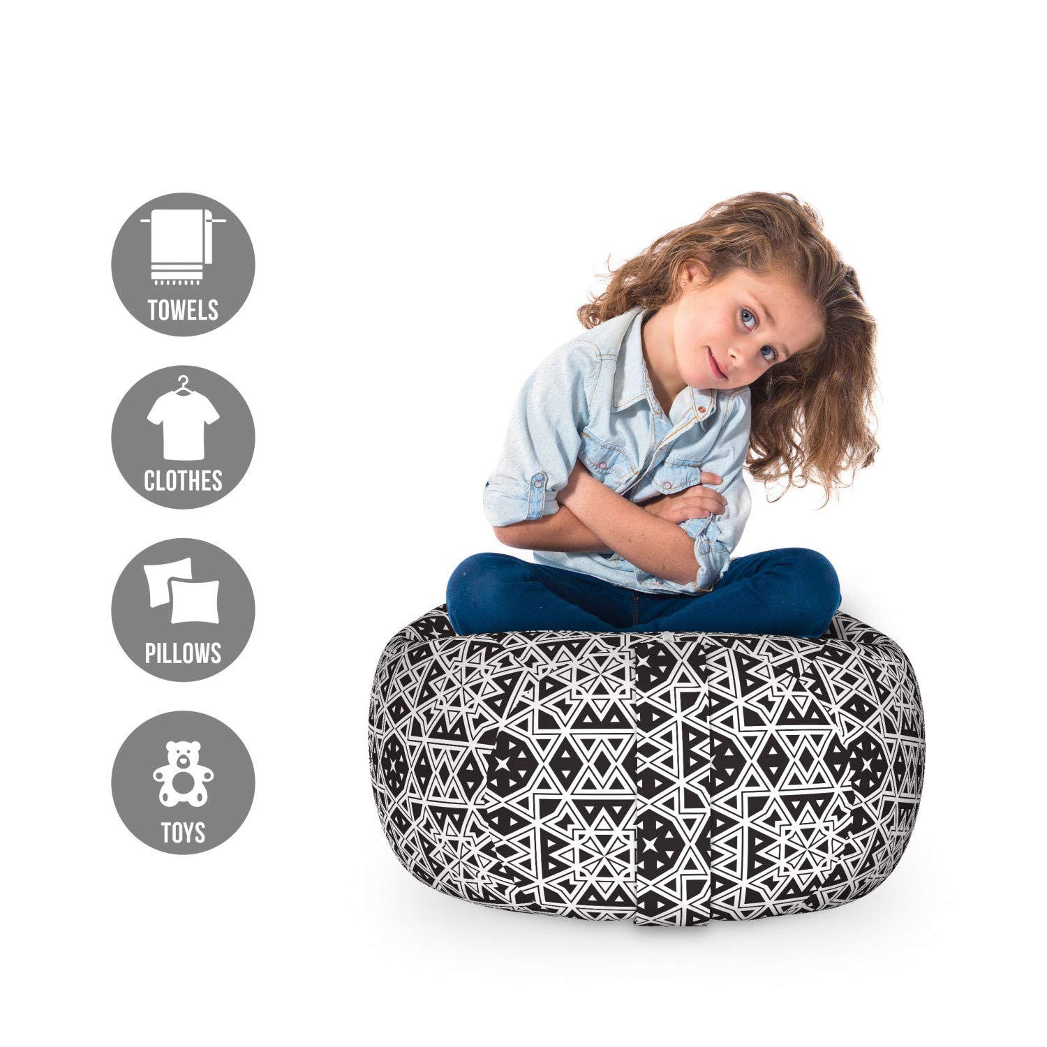 Ambesonne Traditional Storage Toy Bag Chair - Medieval Geometric Tiles Monochrome Ottoman with Royal Oriental Design | Stuffed Animal Organizer & Washable Storage Bag | Small Size Black & White | Perfect for Kids' Room, Nursery, or Playroom Organization