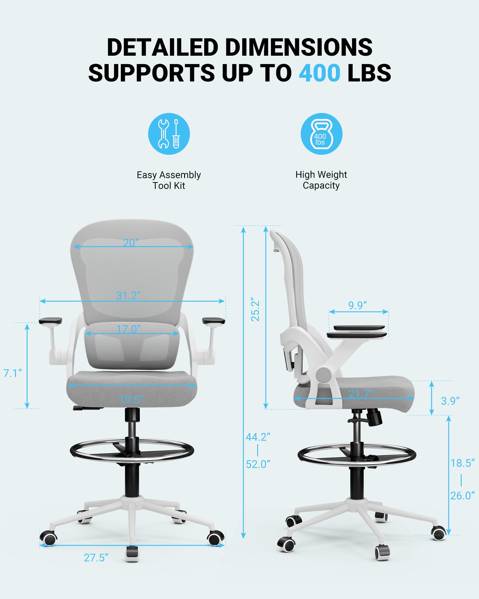 Frylr Drafting Chair - Adjustable Height Ergonomic Office Chair with Lumbar Support for Standing Desks, 400 lbs Capacity Heavy Duty Counter Height Seat (Grey) - Perfect for Architects, Artists & Home Office Workspaces