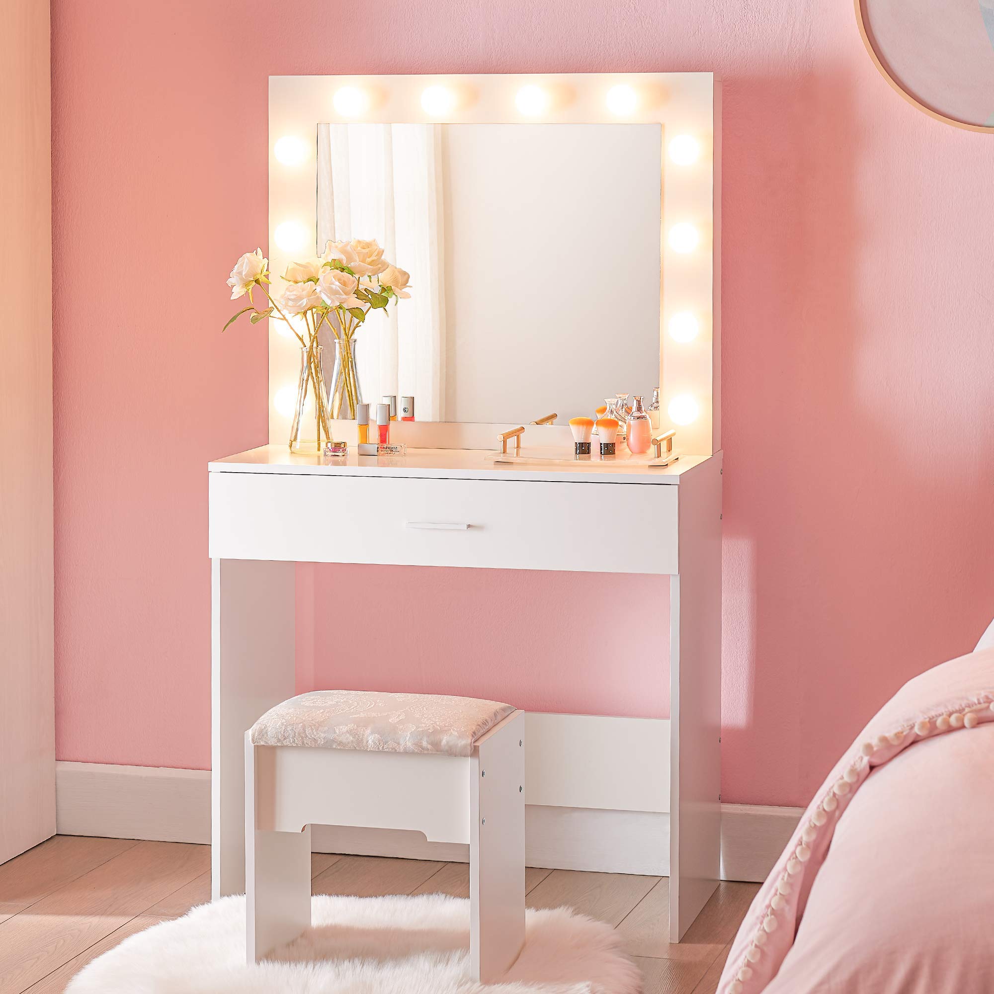 Cozy Castle Vanity Set with LED Lighted Mirror & Cushioned Stool - 3 Color Lighting Modes, Large Drawer Makeup Dressing Table for Bedroom | Perfect for Makeup Application, Skincare Routine & Home Decor