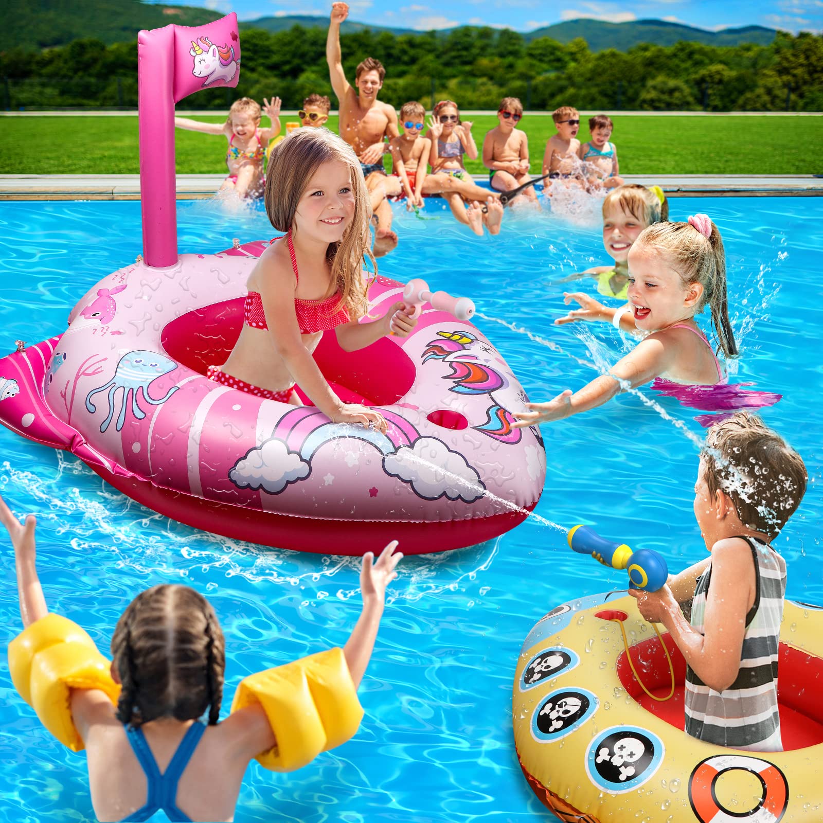 HopeRock Unicorn Pool Floats with Water Gun - Inflatable Swimming Pool Toys for Toddlers & Kids Ages 3-8 - Fun Summer Water Play for Girls, Beach Parties & Backyard Pools