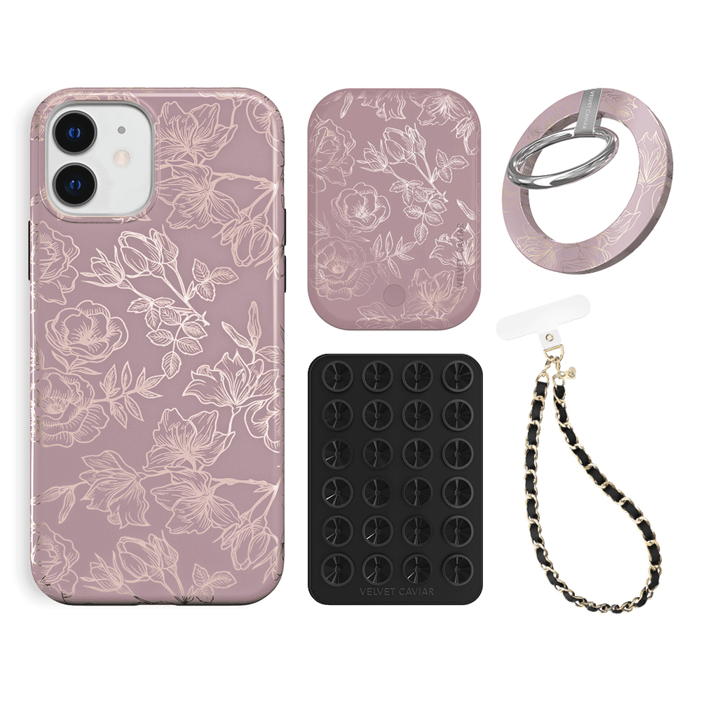 Dusty Rose Chrome Floral iPhone Case with Grip - Stylish Protective Phone Cover for iPhone 13/14/15 Pro Max - Perfect for Everyday Use, Work, and Travel