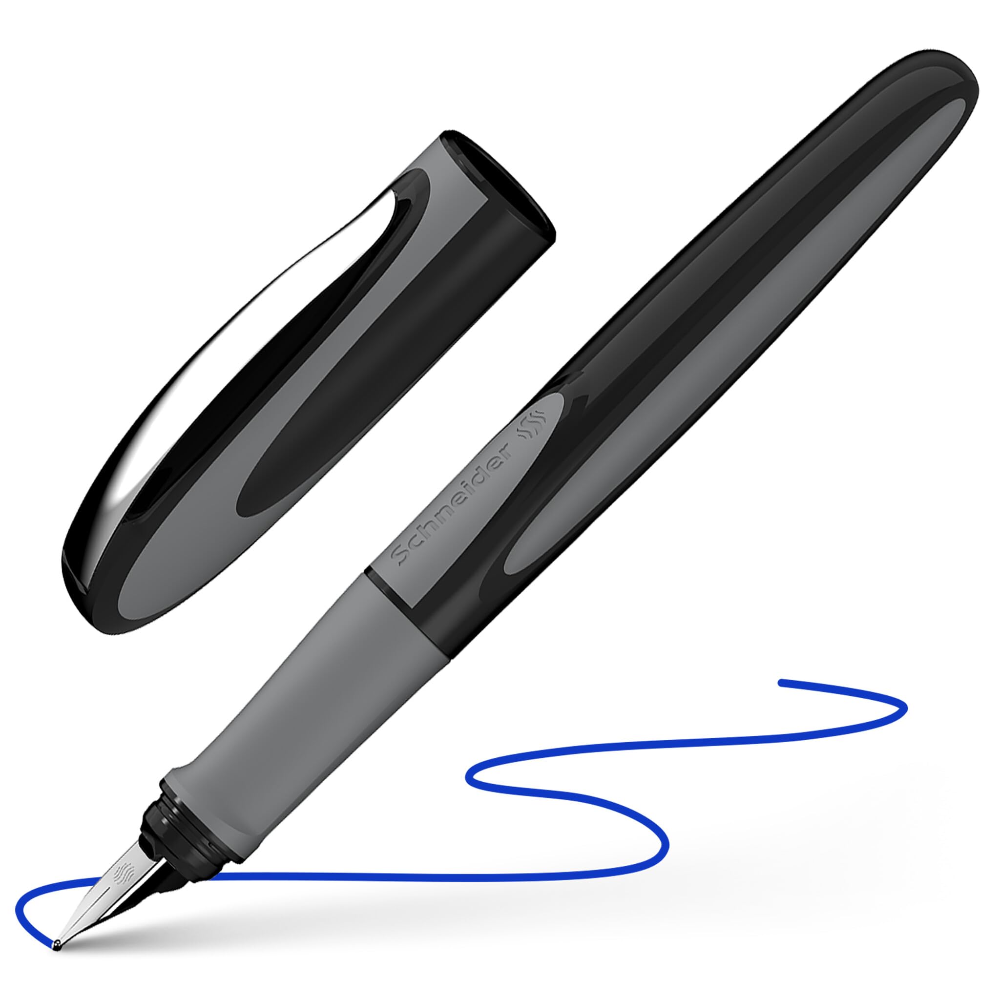 Schneider Ray Fountain Pen Medium Nib - Refillable Onyx Black Barrel with Royal Blue Erasable Ink Cartridge - Premium Writing Pen for Office, School & Journaling - Pack of 1 (168207)