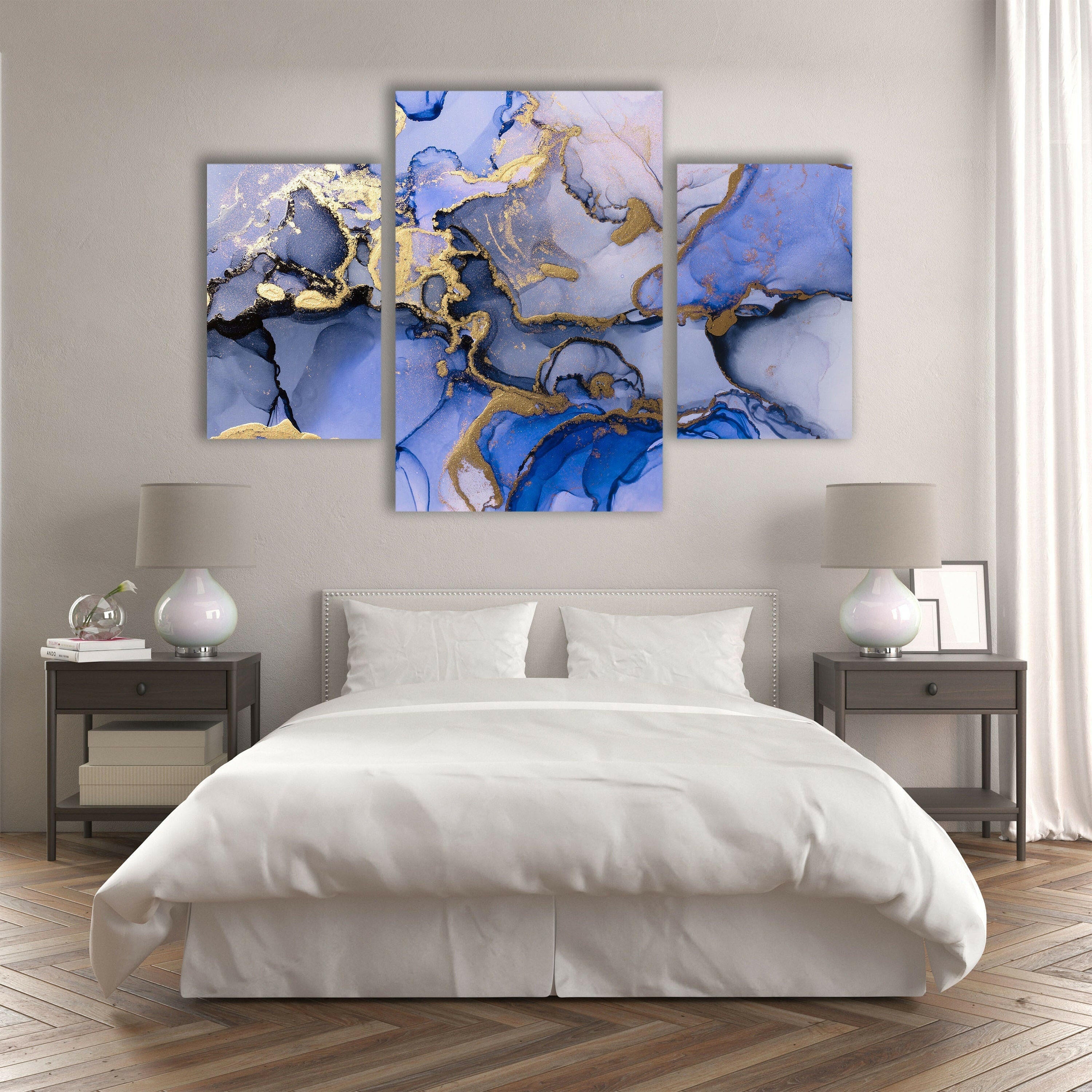 Blue & Gold Abstract Glass Wall Art - Modern Handmade Decor for Living Room, Bedroom & Office - Unique Home & Interior Design Gift Idea