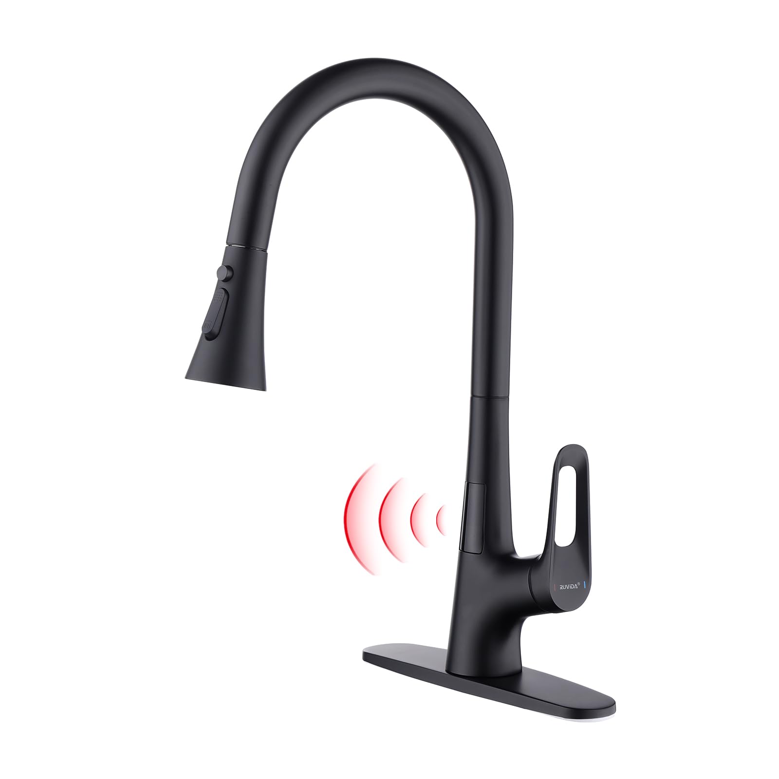 RUVIDA Matte Black Kitchen Faucet with Pull Down Sprayer - Single Handle Motion Sensor Sink Faucet with Deck Plate & 3 Spray Functions - Perfect for Commercial, Farmhouse, Camper, Laundry, and Home Kitchen Use