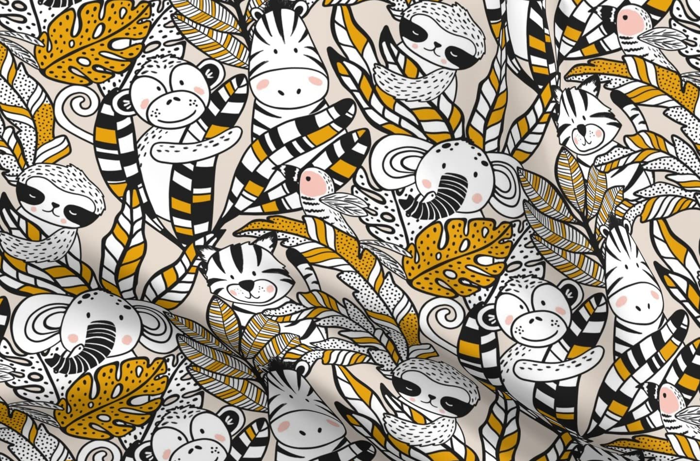 Jungle Animals Printed Organic Cotton Sateen Fabric - Gender Neutral Zebra Monkey Elephant Tropical Design for Sewing, Quilting, Apparel & Home Decor | Perfect for Baby Clothes, Curtains & DIY Crafts