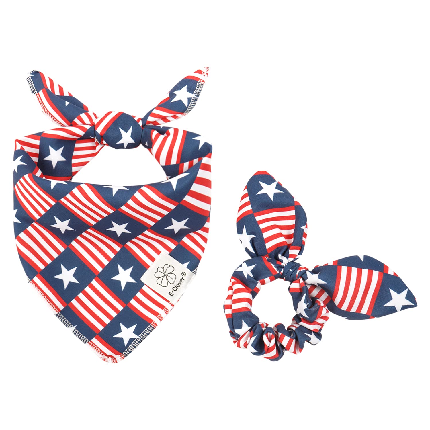 E-Clover 4th of July Patriotic Dog Bandana & Matching Scrunchie Set - American Flag Washable Dog Scarf, Pet Bandana Kerchief for Medium & Large Dogs - Perfect for Independence Day Celebrations, Parades, and Patriotic Pet Photos