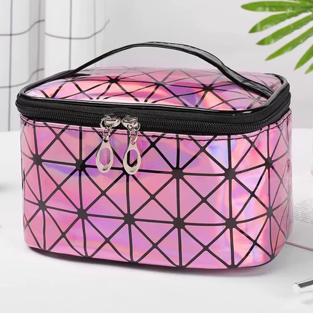 UBMSA Pink Makeup Bag with Mirror - Travel Cosmetic Organizer for Women & Girls, Perfect for Brushes & Jewelry Storage