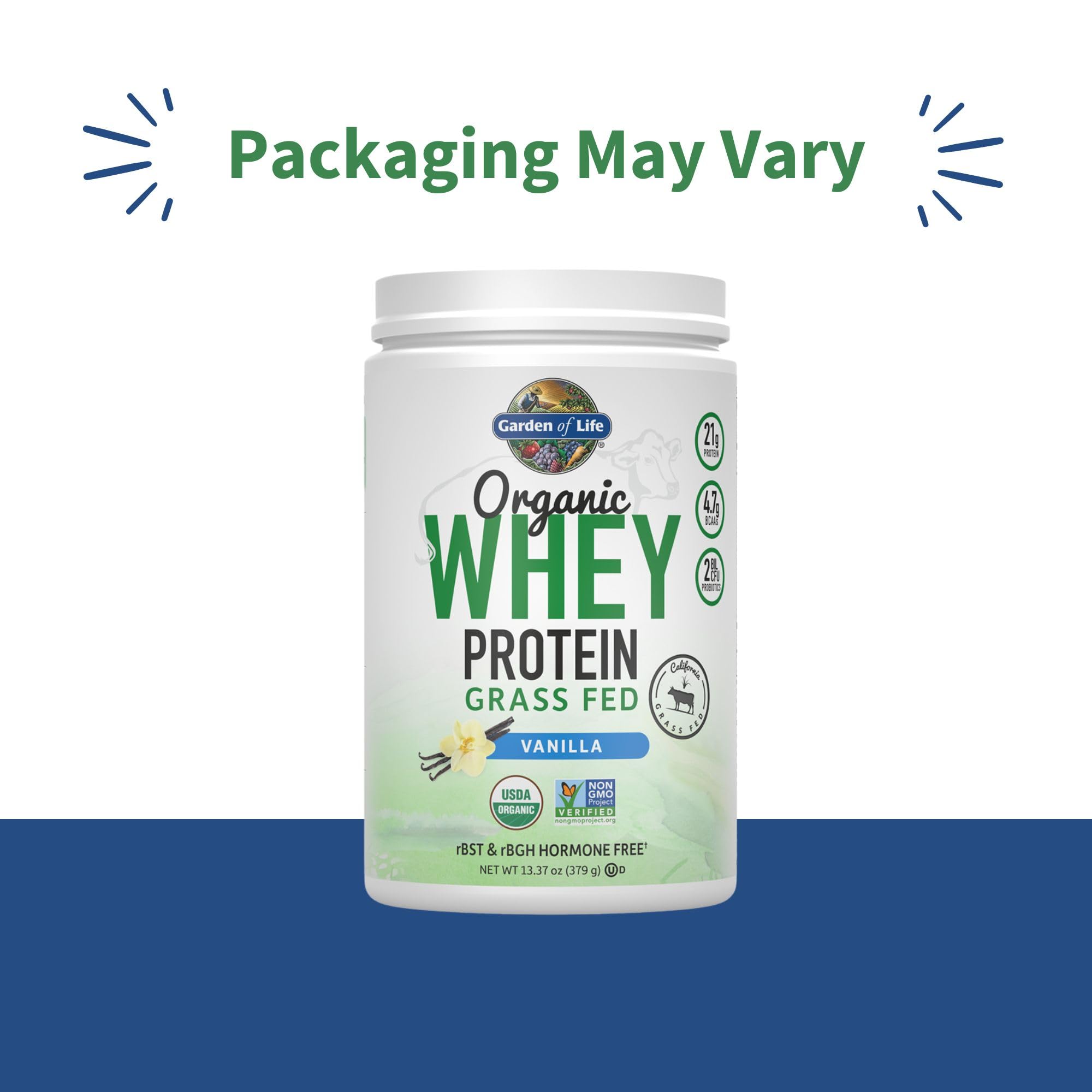 Garden of Life Grass Fed Whey Protein Powder Vanilla - 21g Protein per Serving for Women & Men with Probiotics - 12 Servings - Gluten Free, Non GMO, Kosher, Hormone Free - Post Workout Recovery & Muscle Building Supplement