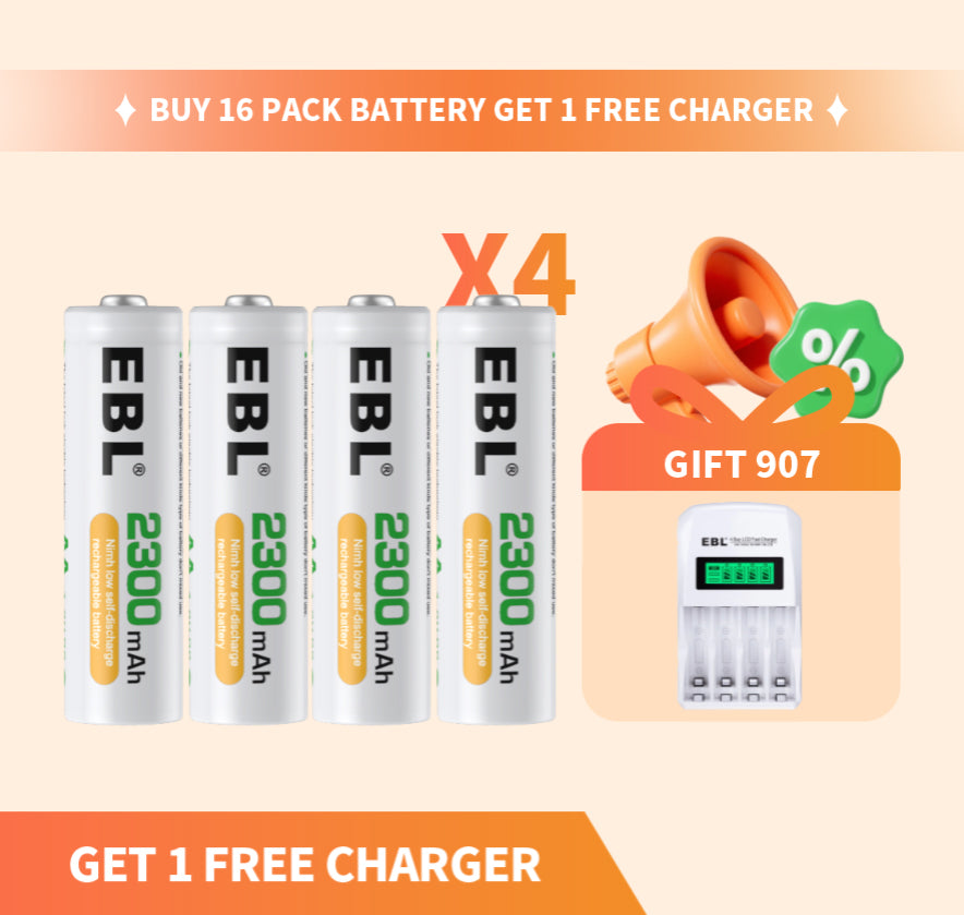 EBL 16 Pack AA NiMH Rechargeable Batteries 2300mAh High Capacity - Long Lasting Power for Digital Cameras, Game Controllers, Flashlights & More - Mid Year Sale