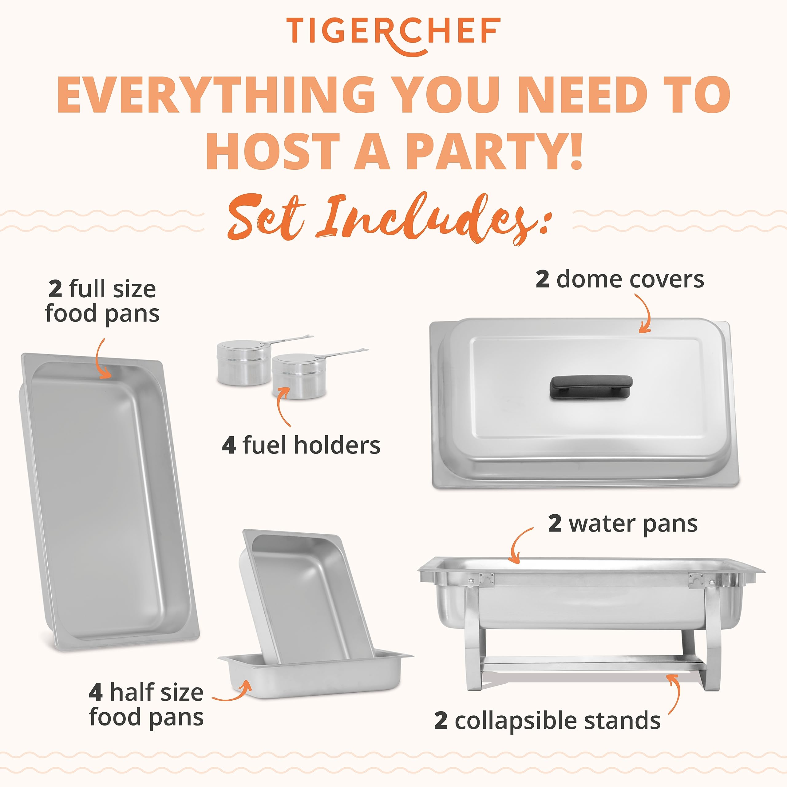 Premium Stainless Steel Buffet Chafing Dish Set - 8 Qt Capacity (Set of 2) with Foldable Frame, Fuel Holders & Covers - Elegant Catering Food Warmer for Parties, Weddings & Events - Includes Food Pans & Water Pan - Commercial Grade by TigerChef