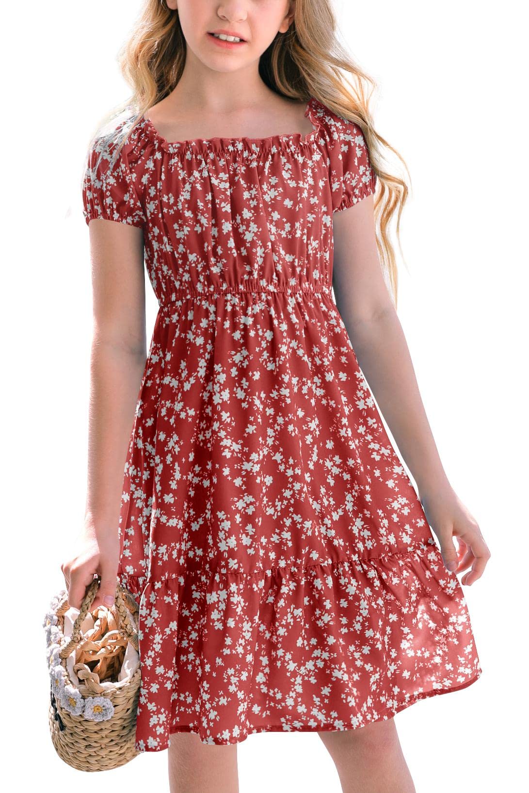 **Girls Summer Floral Dress - Square Neck Puff Sleeve A-Line Midi Dress for Kids | Perfect for Beach, Party & Casual Outings**