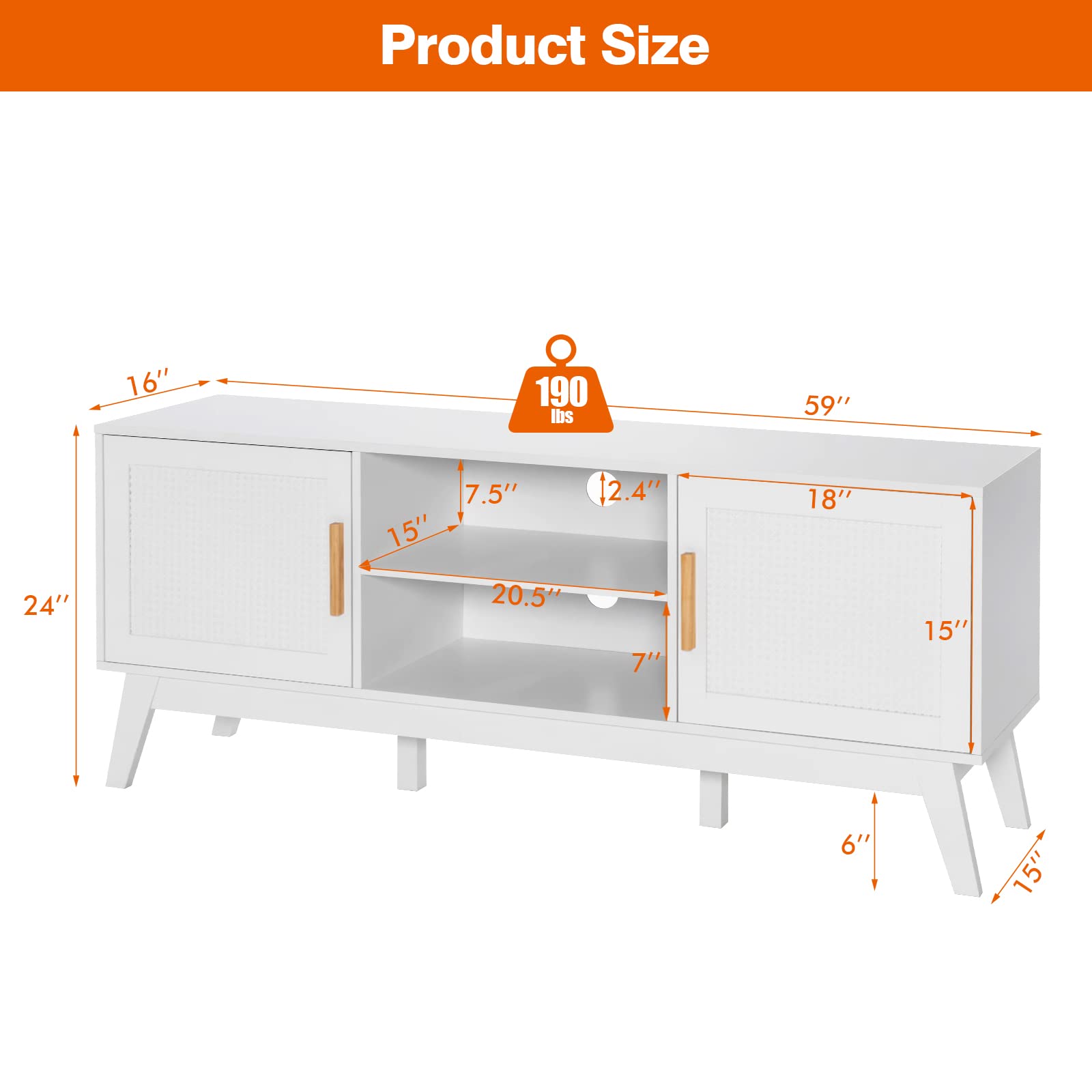 Tangkula 65 Inch Rattan TV Stand with Adjustable Shelf, 2-Door Cabinets & 6 Support Legs - Modern Wooden Media Console with Cable Holes for Living Room, Bedroom or Home Theater (White)
