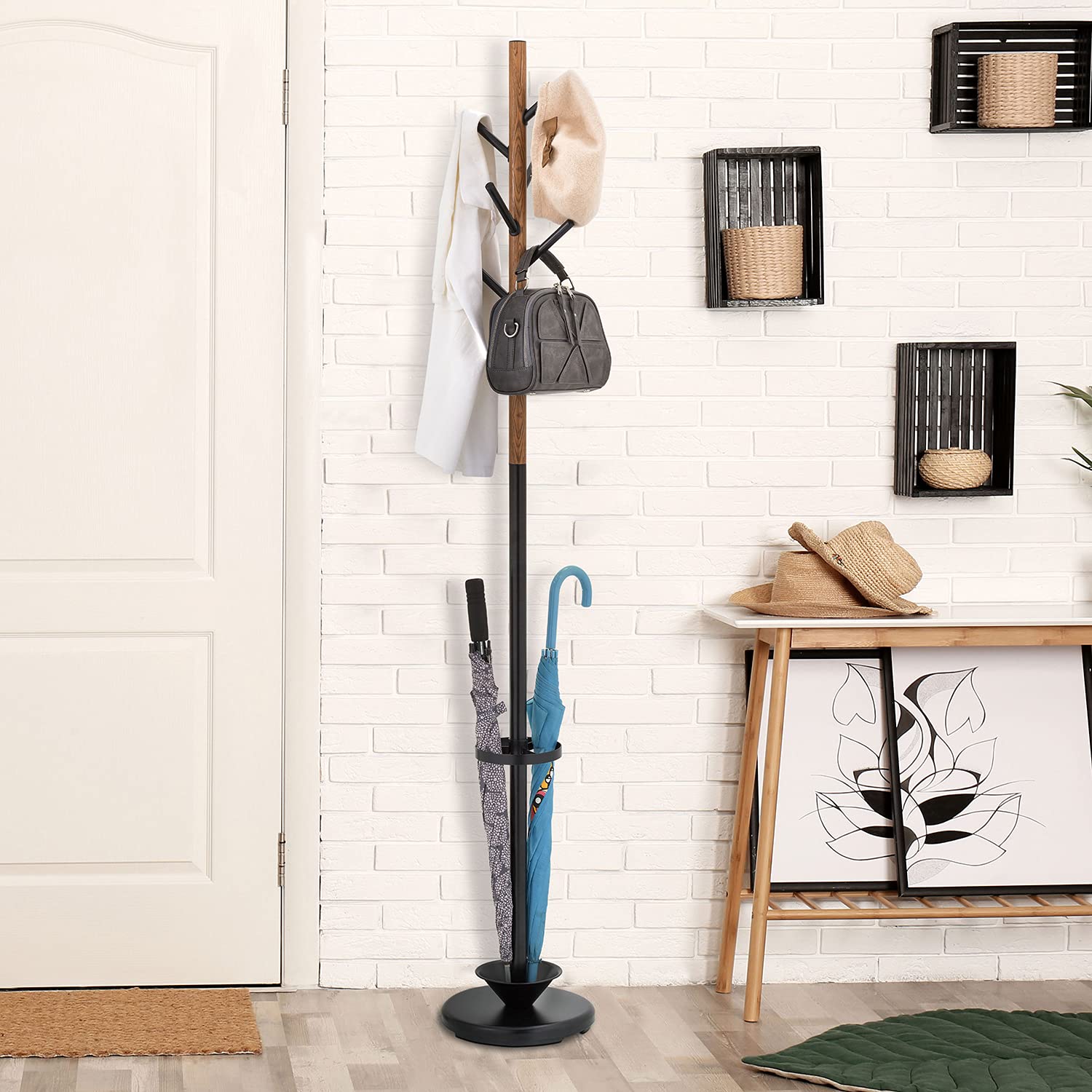 MyGift Freestanding Metal Coat Rack with 6 Wooden Hooks - Sturdy Entryway Organizer for Jackets, Hats & Umbrellas - Perfect for Hallway, Foyer or Mudroom Storage