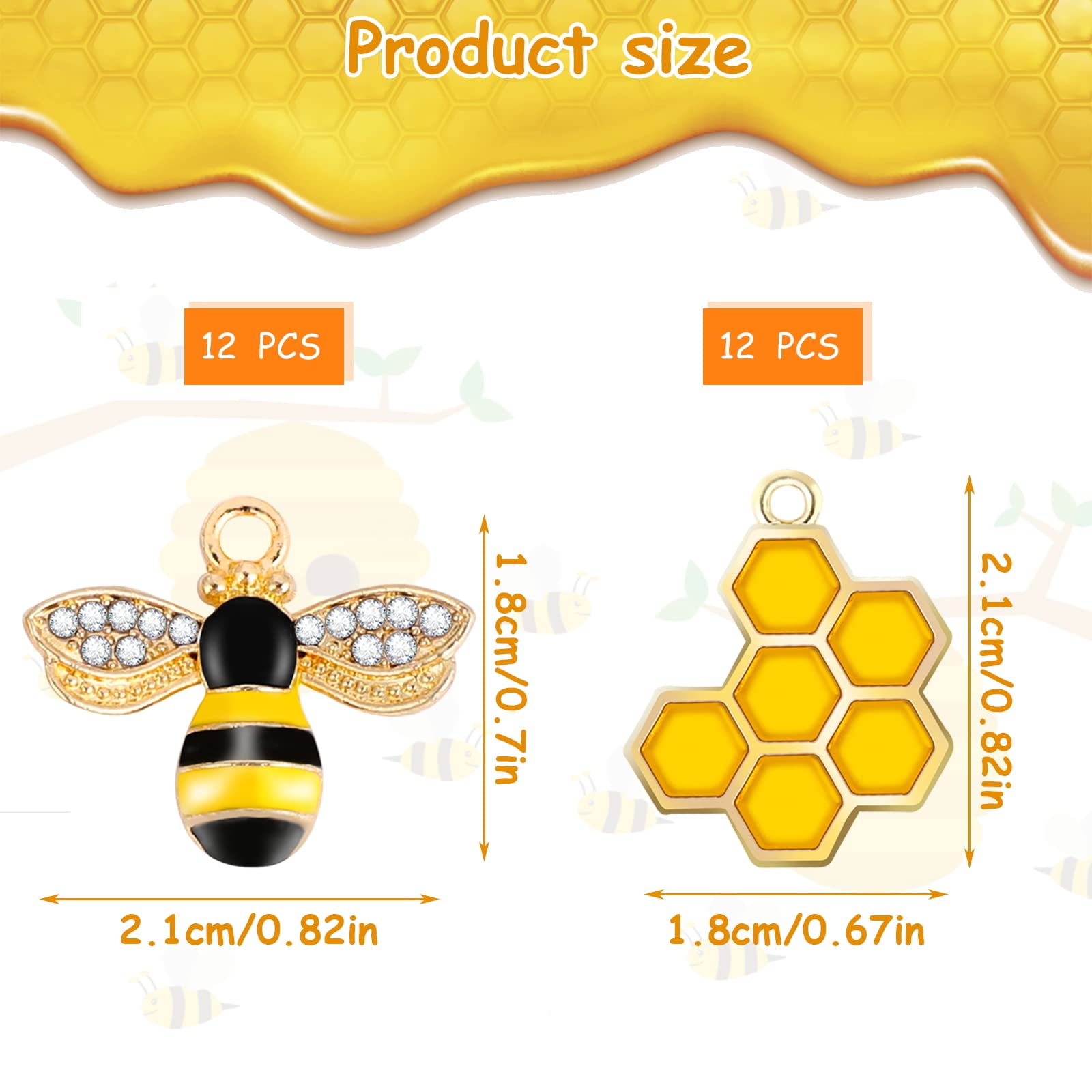 24Pcs Bee Charms - Alloy Enamel Honeycomb Pendants with Rhinestones for DIY Jewelry Making, Earrings & Keychains (12 Bees + 12 Honeycombs) - Perfect for Crafting, Gifts & Boho Style Accessories