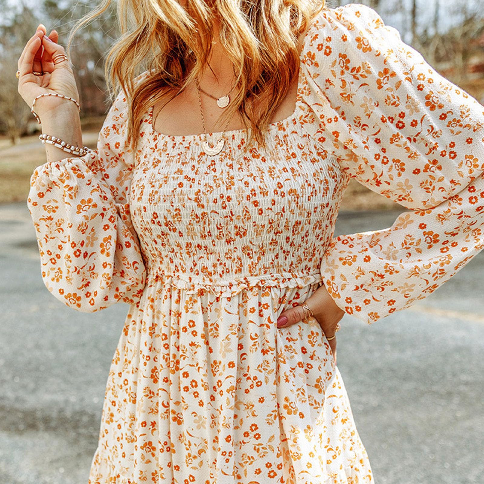 Boho Floral Dress for Women - 3/4 Sleeve Casual Ruffle Swing Dress with Square Neck & Smocked Waist | Perfect for Summer Outfits, Beach Vacations & Boho Chic Style