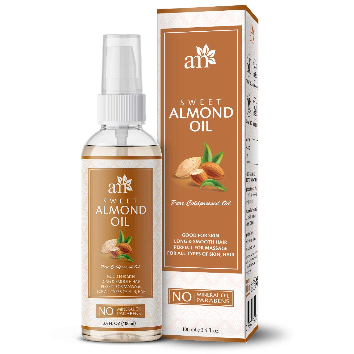 100% Pure Cold Pressed Sweet Almond Oil for Hair Growth, Skin Moisturizing & Under Eye Care - 100ml AromaMusk Hair Oil | Perfect for Scalp Massage, DIY Beauty Treatments & Nighttime Skincare Routine