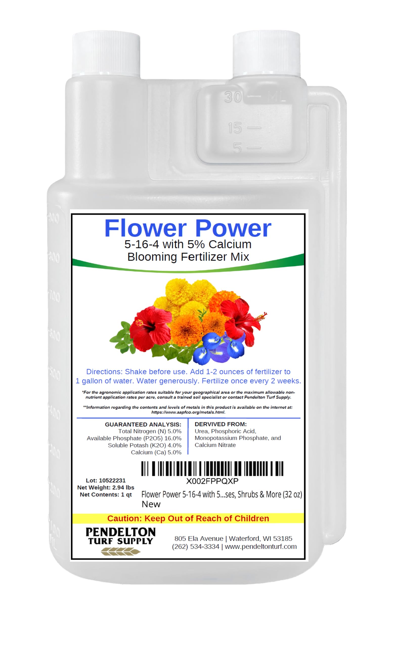Flower Power 5-16-4 with 5% Calcium | All Natural Liquid Blooming Fertilizer Concentrate for Flowers, Plants, Gardens | Indoor & Outdoor Plant Food for Trees, Shrubs, Lawns | NPK Nutrient Boost (32 oz) - Perfect for Spring Gardening, Flower Beds & Houseplant Care