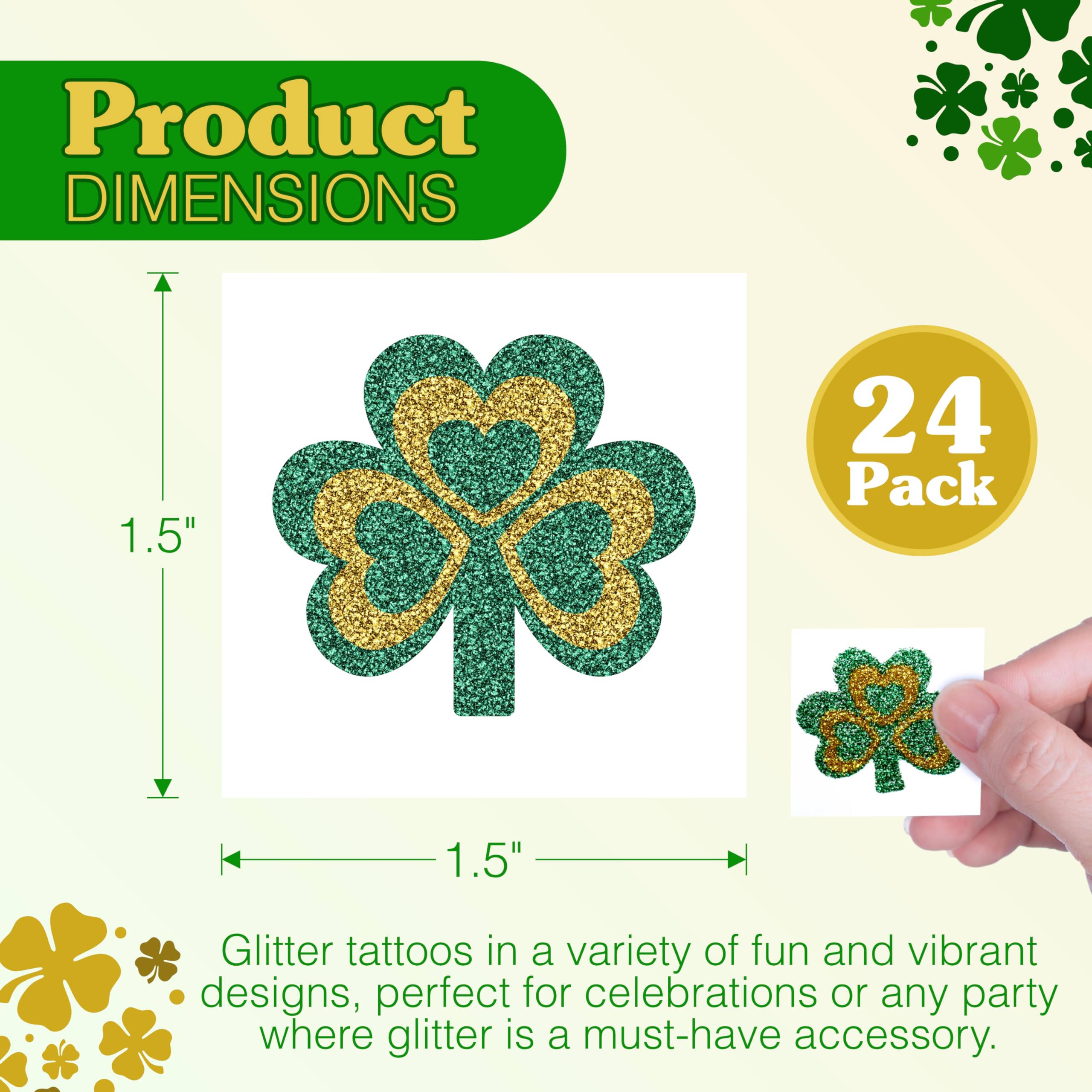 4E's Novelty Shamrock Temporary Tattoos - 24 Pack Glitter St. Patrick's Day Tattoos for Kids & Adults | Irish Party Favors, Face & Body Art | Perfect for Festivals, Parades & Themed Events