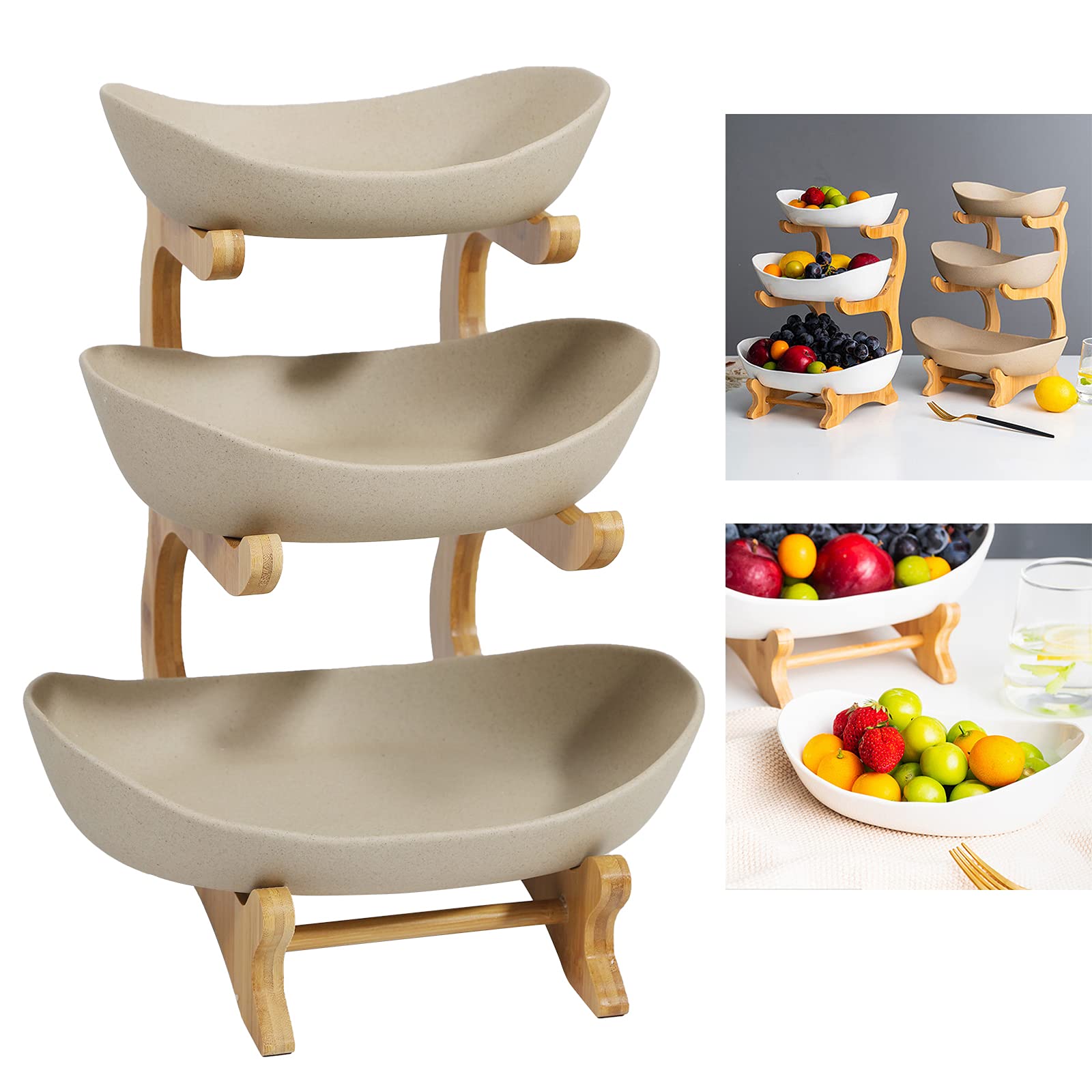 3-Tier Ceramic Fruit Bowl with Bamboo Stand - Large Capacity Serving Tray for Fruits, Vegetables & Snacks | Perfect for Party, Wedding & Home Decor | Durable Kitchen & Dining Storage Solution