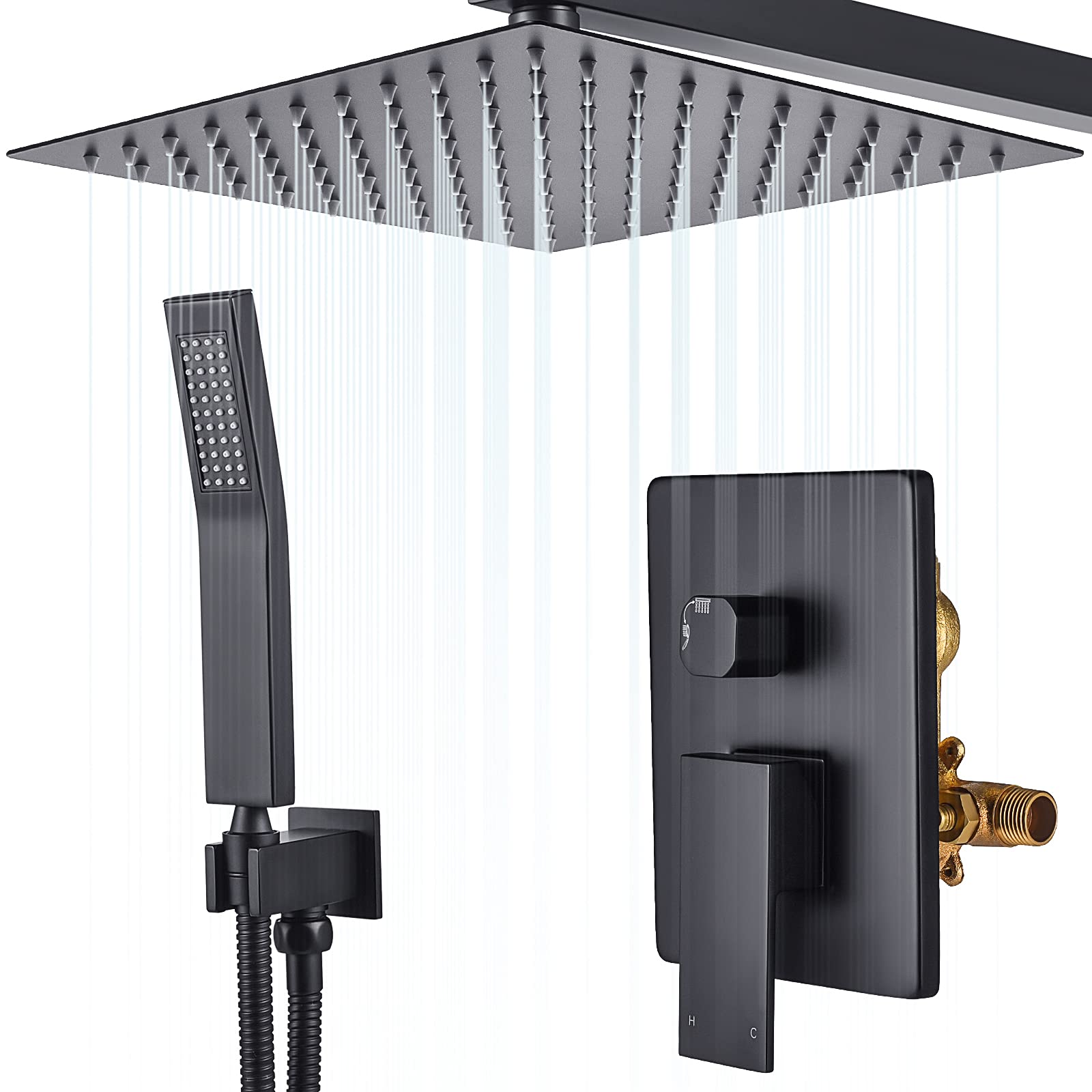 Luxury Matte Black Shower Faucet Set - 10 Inch Rainfall Shower Head & Handheld Combo with Rough-In Valve & Trim Kit - Wall Mounted Bathroom Shower System for Spa-Like Experience (Matte Black Finish)