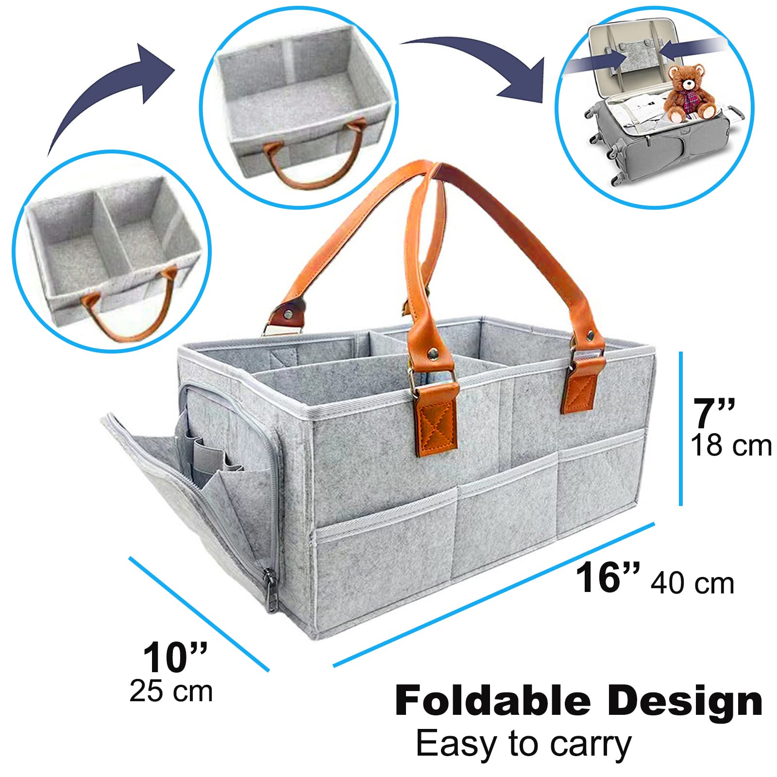 Baby Diaper Caddy Organizer - Large Gray Storage Basket for Diapers, Wipes & Nursery Essentials | Portable Nursery Bin & Car Organizer for Baby Care | Perfect for Nursery, Bedroom & Travel