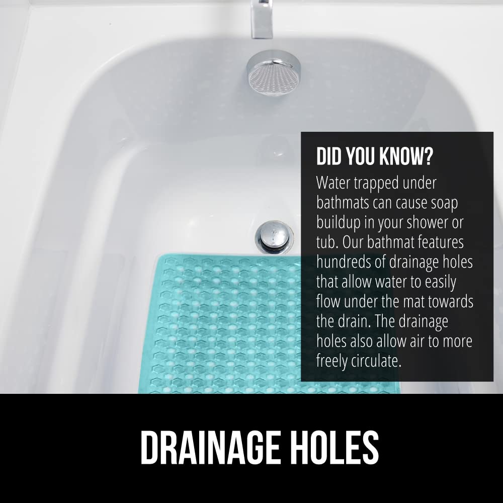 GORILLA GRIP Non-Slip Bath Tub Shower Mat with Strong Suction Cups & Drain Holes | Machine Washable Bathtub Floor Liner | 35x16 Inch Turquoise Bathroom Essentials | Perfect for Kids, Elderly & Wet Areas