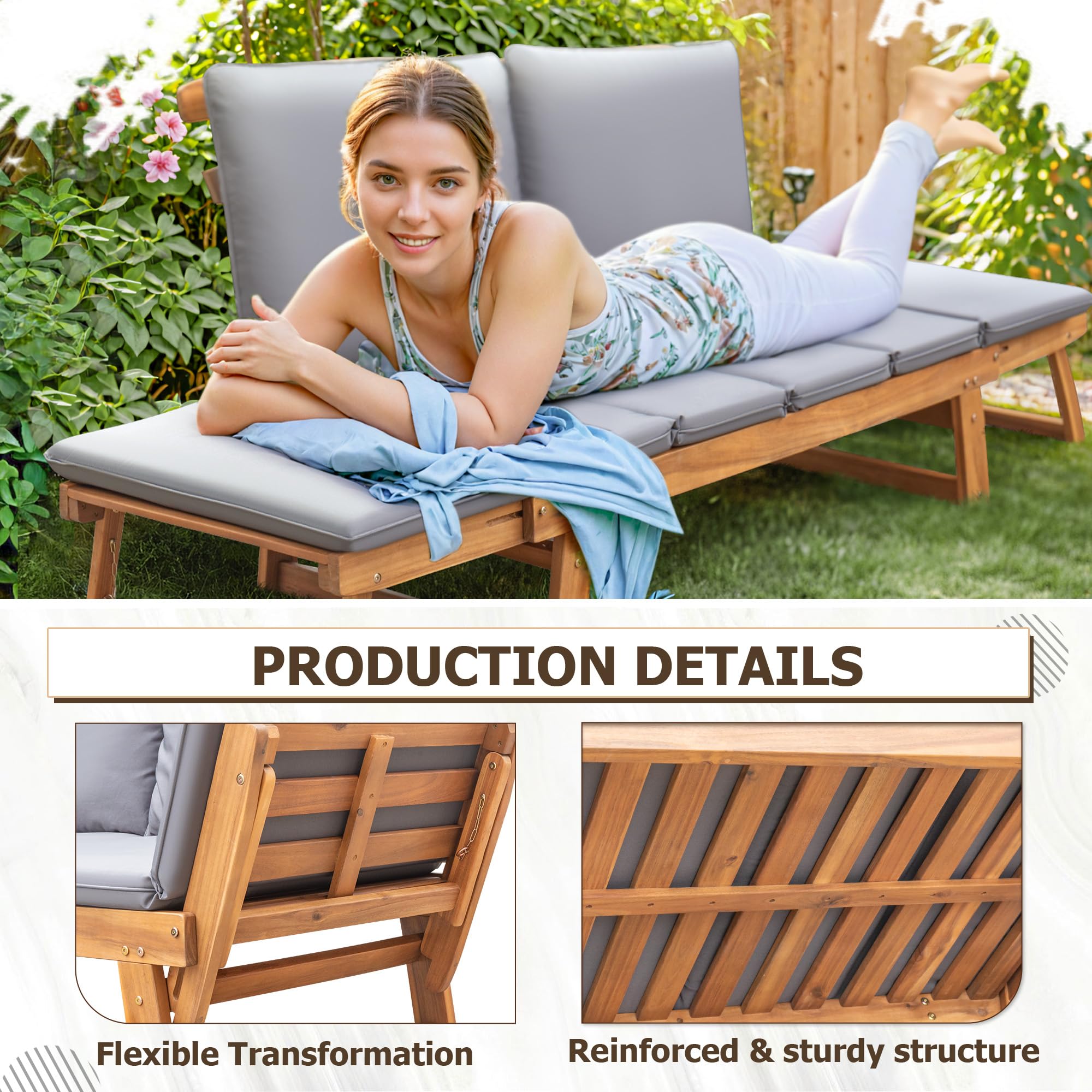 Devoko Outdoor Couch - Acacia Wood Patio Sofa with Adjustable Armrests & Removable Cushions - Convertible Lounge Furniture for Patio, Porch, Poolside, Garden (Grey) - Perfect for Relaxing, Sunbathing and Outdoor Entertaining