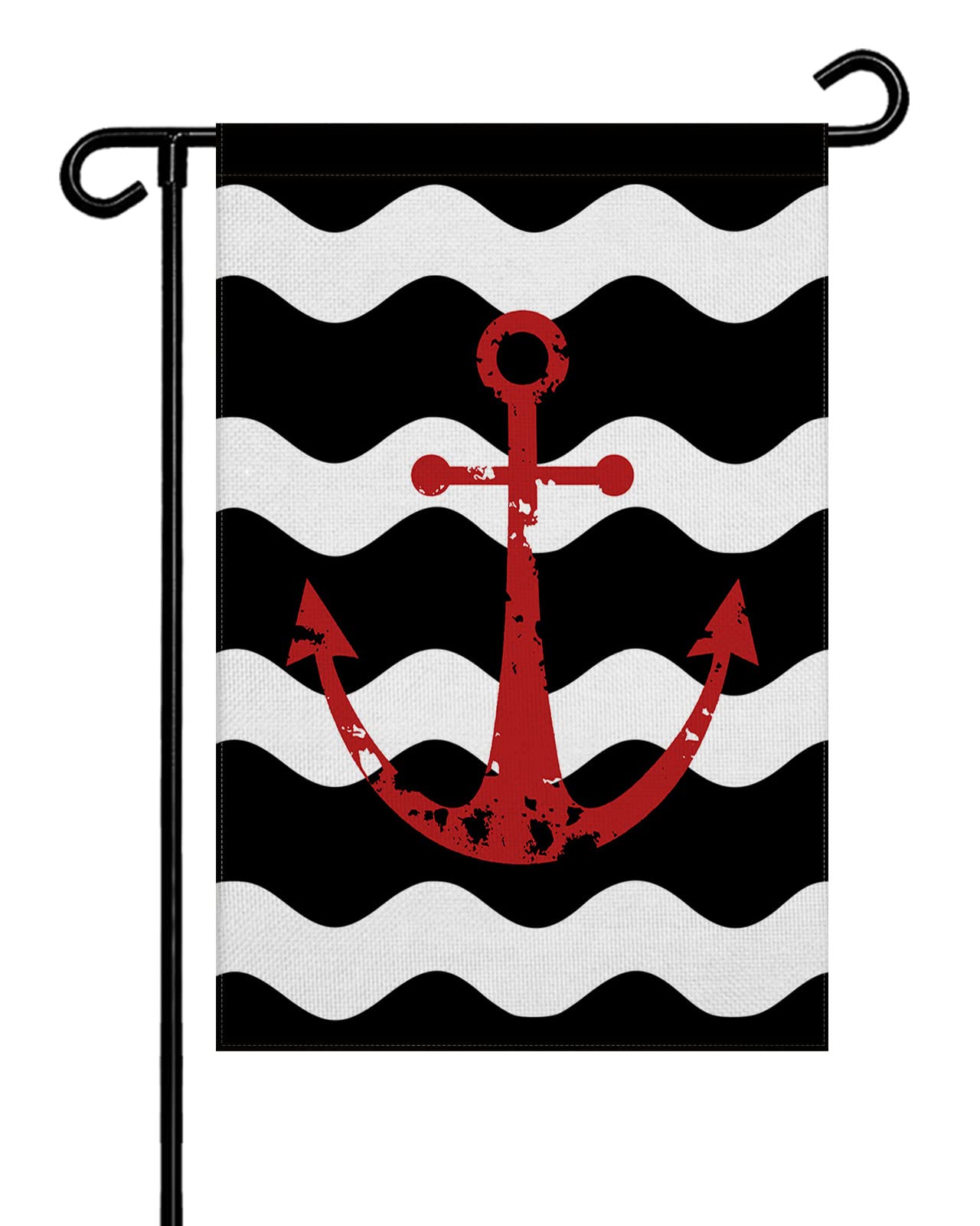 Double Sided Black Ripple Garden Flag with Red Anchor Design - 12x18 Inch Burlap Welcome Banner for Outdoor Decor, Patio, Lawn & Yard - Seasonal Vertical Flag with Black White Waves Aesthetic | Perfect for Coastal, Nautical & Beach House Themes