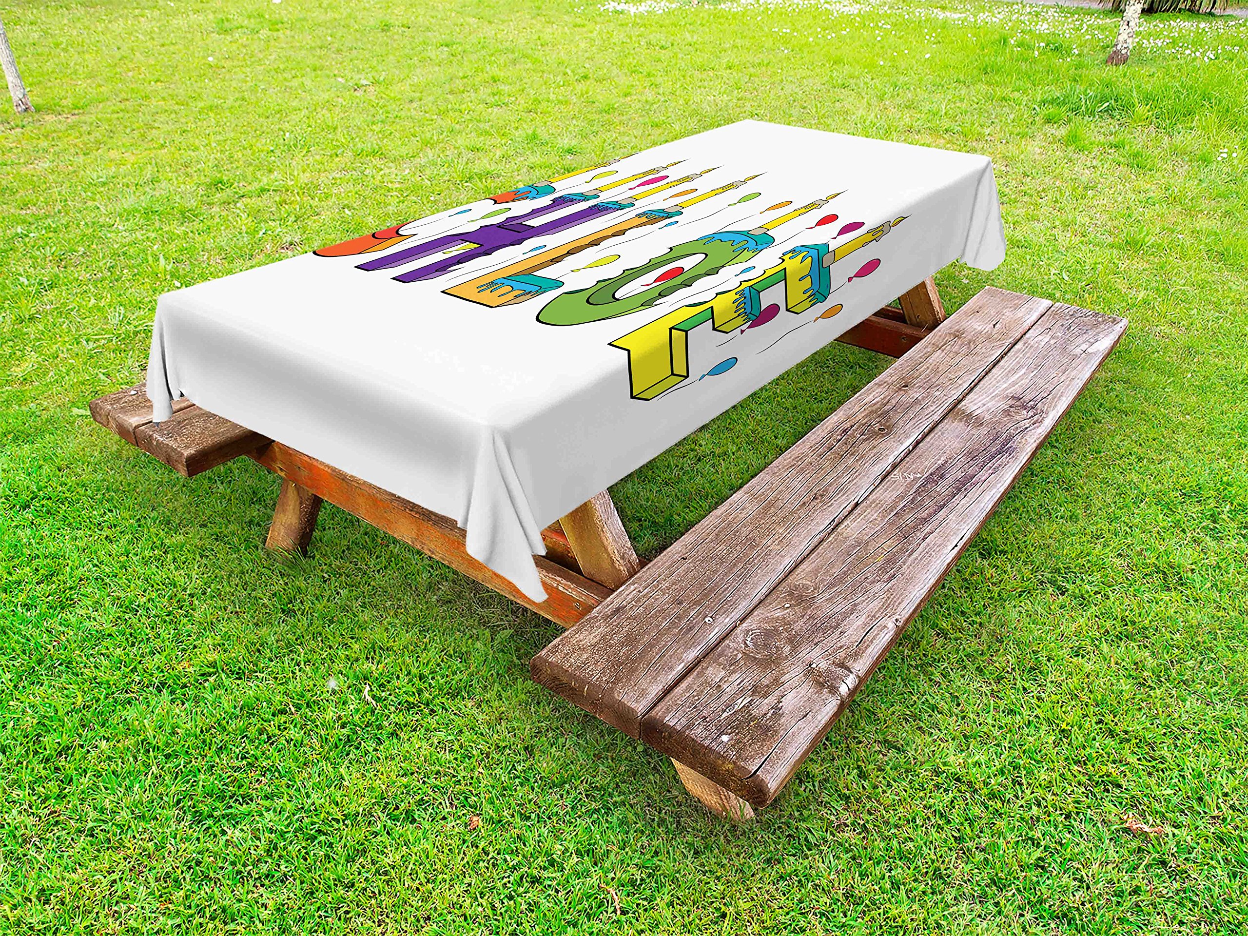 Ambesonne Chloe Outdoor Tablecloth - Cheerful Bitten Cake Candles Girly Birthday Party Design, Washable Picnic Table Cover 58