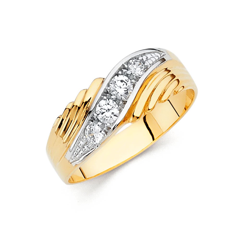 14K White & Yellow Gold Two-Tone Round Cubic Zirconia Men's Wedding Band Ring - Anniversary Gift for Him, Engagement, Promise Ring, or Special Occasion Jewelry