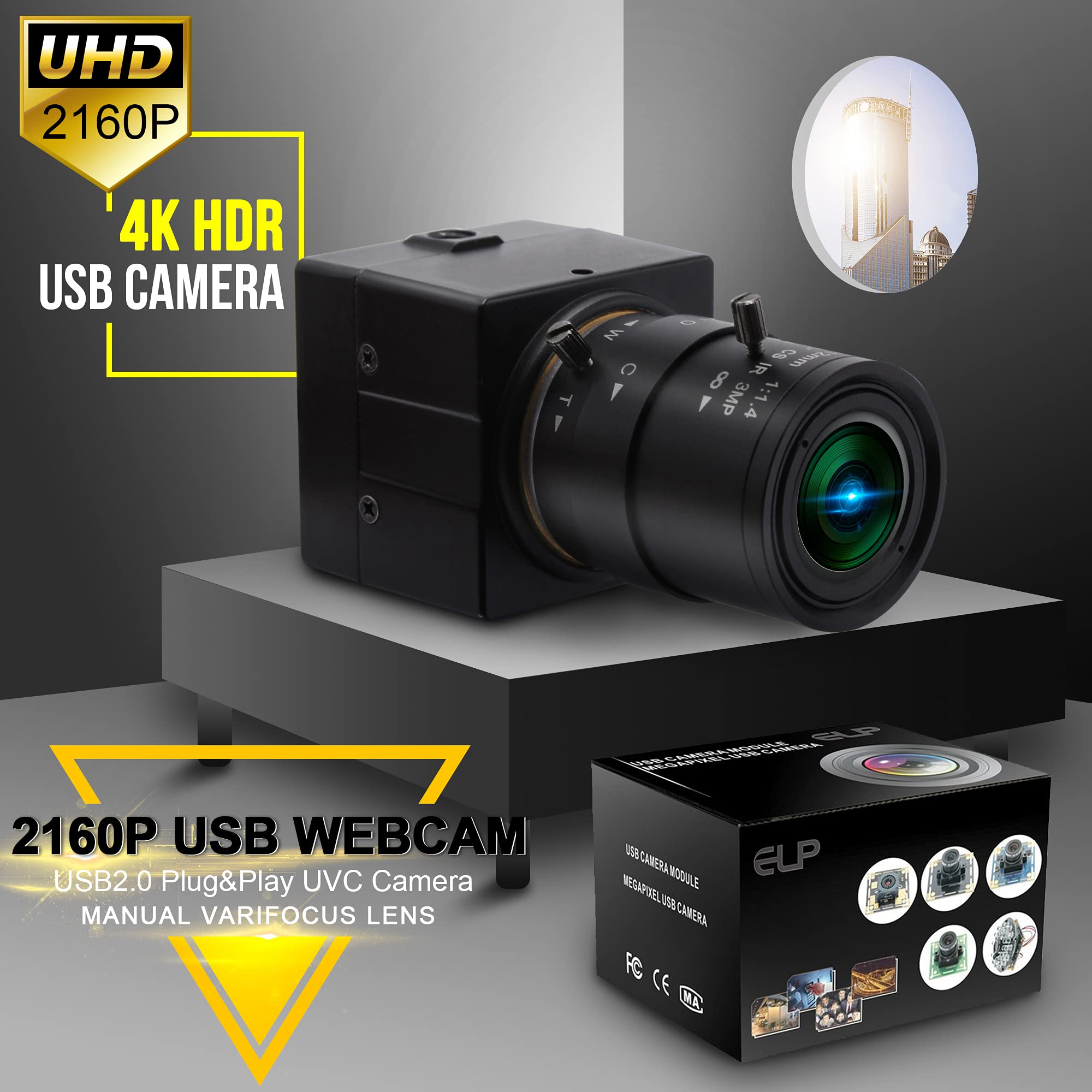 4K USB Webcam with 2.8-12mm 4X Varifocal Manual Lens - 2160P Ultra HD UVC Compliant Computer Camera for Video Conferencing, Live Streaming, OpenCV Support - Perfect for Zoom Meetings, Online Classes & Content Creation