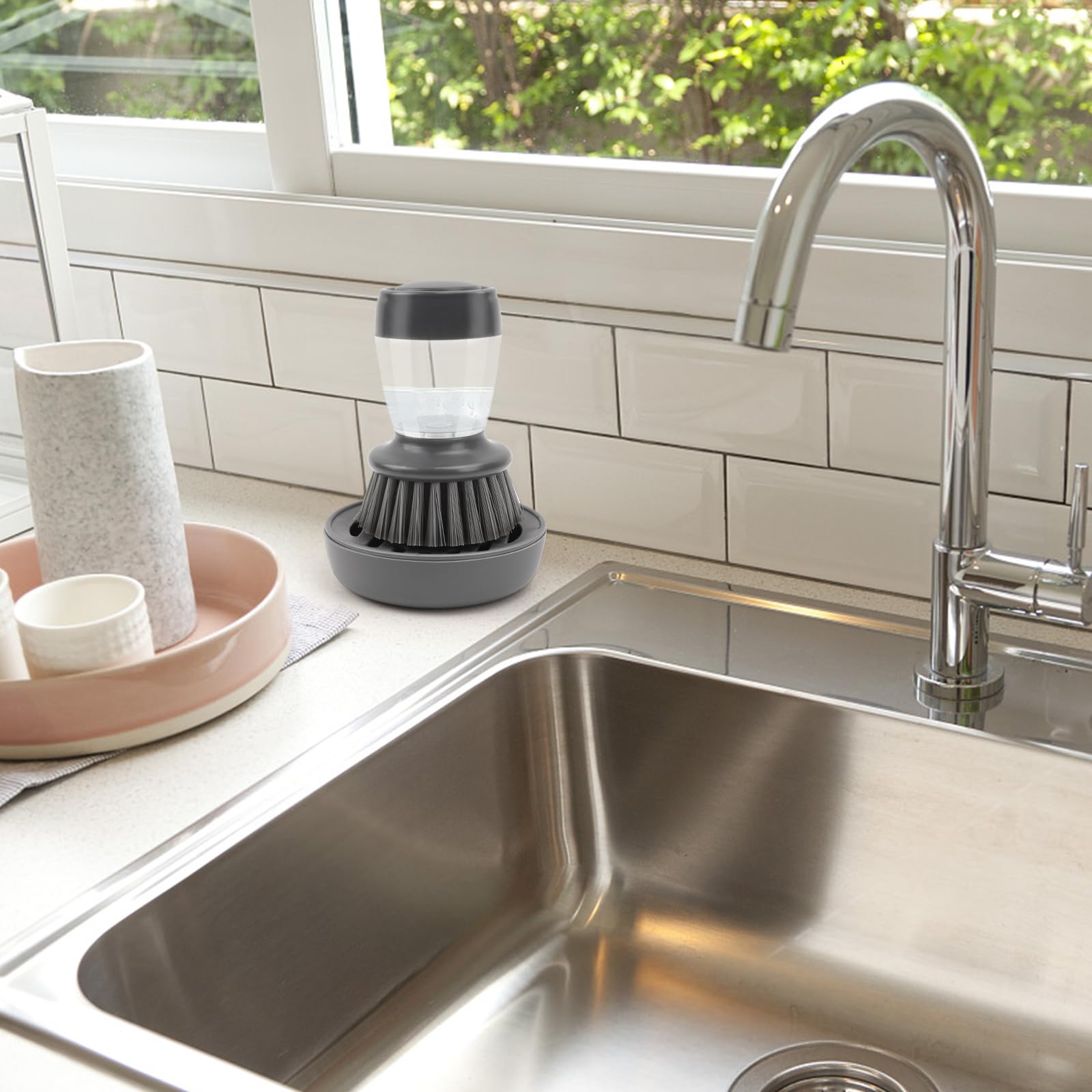 Palm Dish Brush with Soap Dispenser - Kitchen Scrub Brush for Pots & Pans - Sink Cleaning Tool