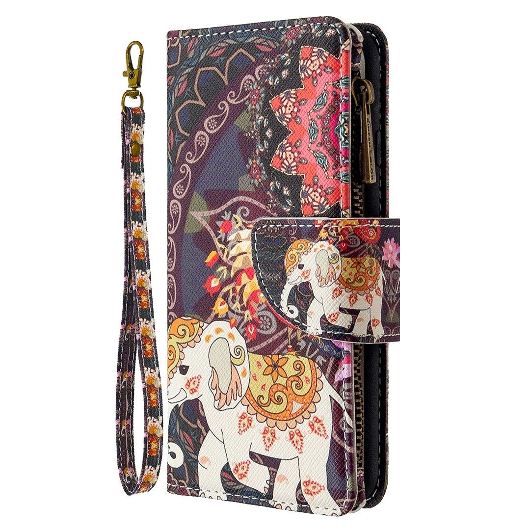 Premium Leather Flip Wallet Case for Xiaomi Redmi 8A - Stylish Zipper Design with Card Slots & Holder (Flower Elephants Pattern) | Perfect for Daily Use, Travel & Business Meetings