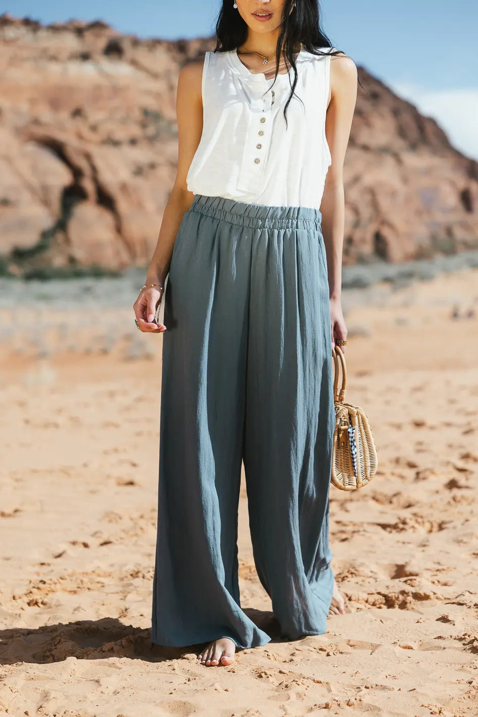 Amaya Wide Leg Pants for Women - Slate Gray High Waisted Palazzo Trousers | Comfortable Stretch Fabric for Office, Travel & Casual Wear