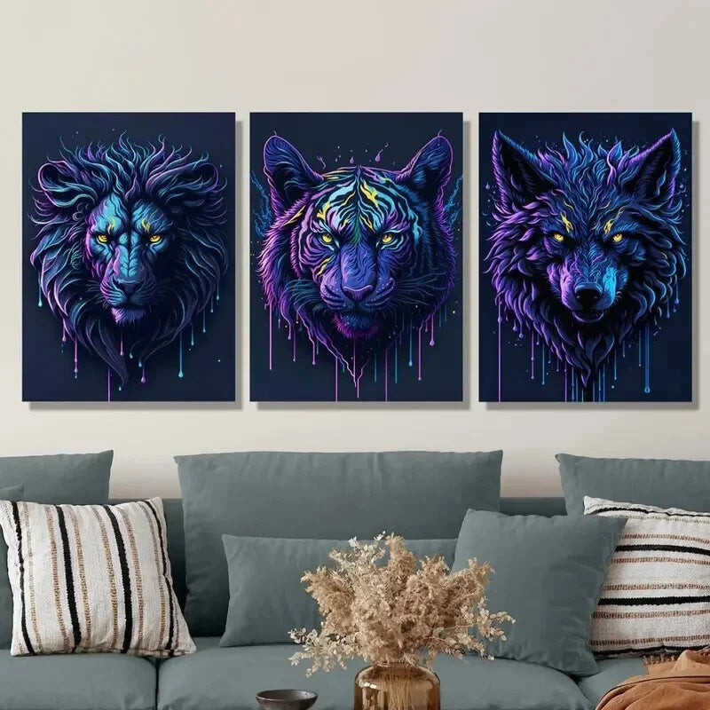 3-Piece Neon Metal Print Wall Art - Lion, Tiger & Wolf Portrait - Ready to Hang - Perfect for Living Room, Bedroom & Office Decor