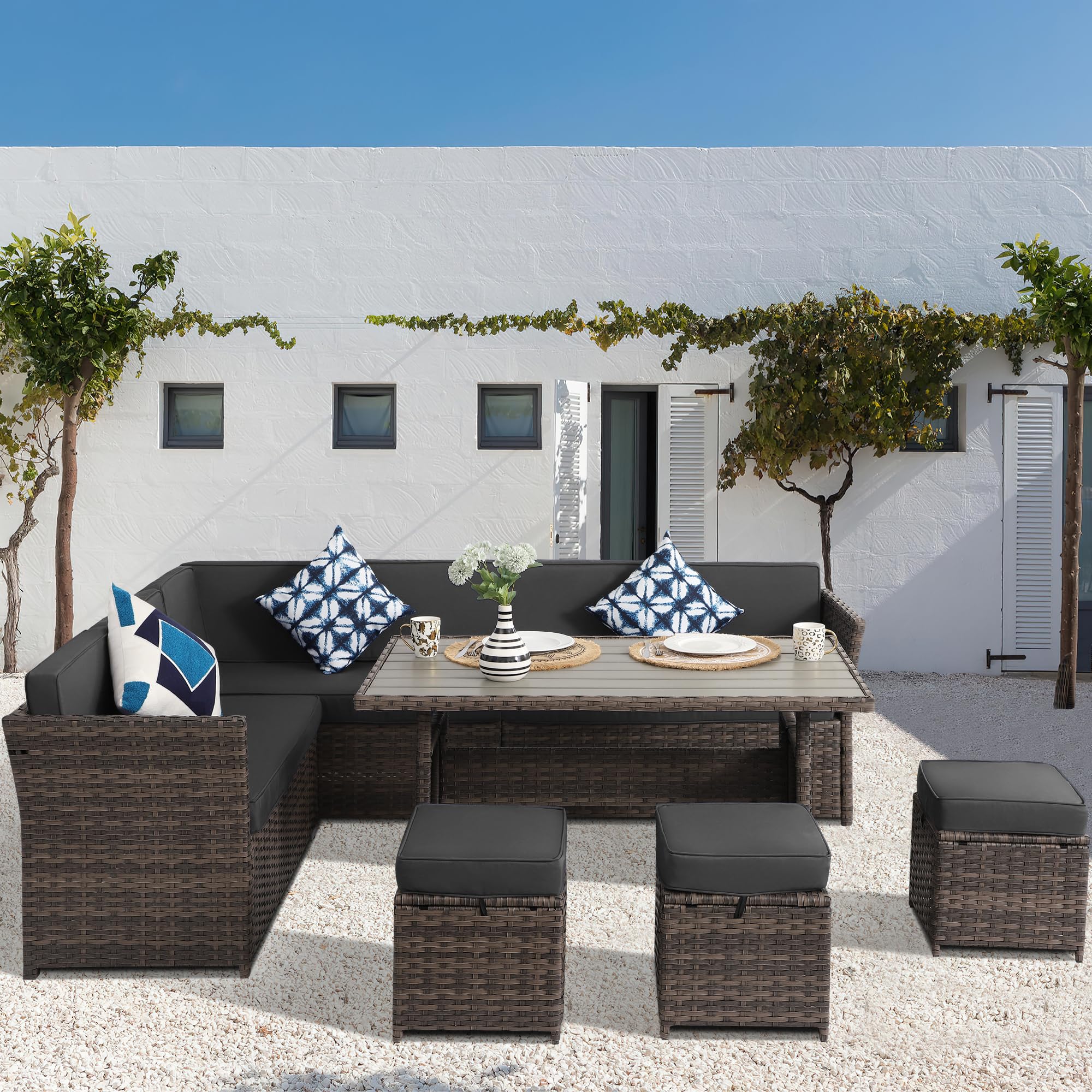 KIGOTY 7-Piece Outdoor Dining Set with Cushions - Patio Table & Chairs for Backyard, Garden, Deck - Weather-Resistant BR-Grey Lawn Furniture - Perfect for Outdoor Entertaining & Relaxation
