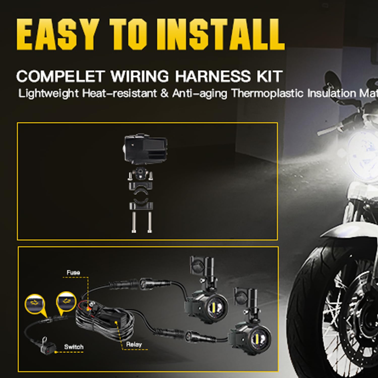 LED Motorcycle Auxiliary Lights Kit - White Spot Driving Fog Lights with Switch, Wiring Harness & Clamp Mount Brackets for BMW R1200GS, K1600, ADV & Adventure Touring Bikes - Perfect for Night Riding & Off-Road Adventures