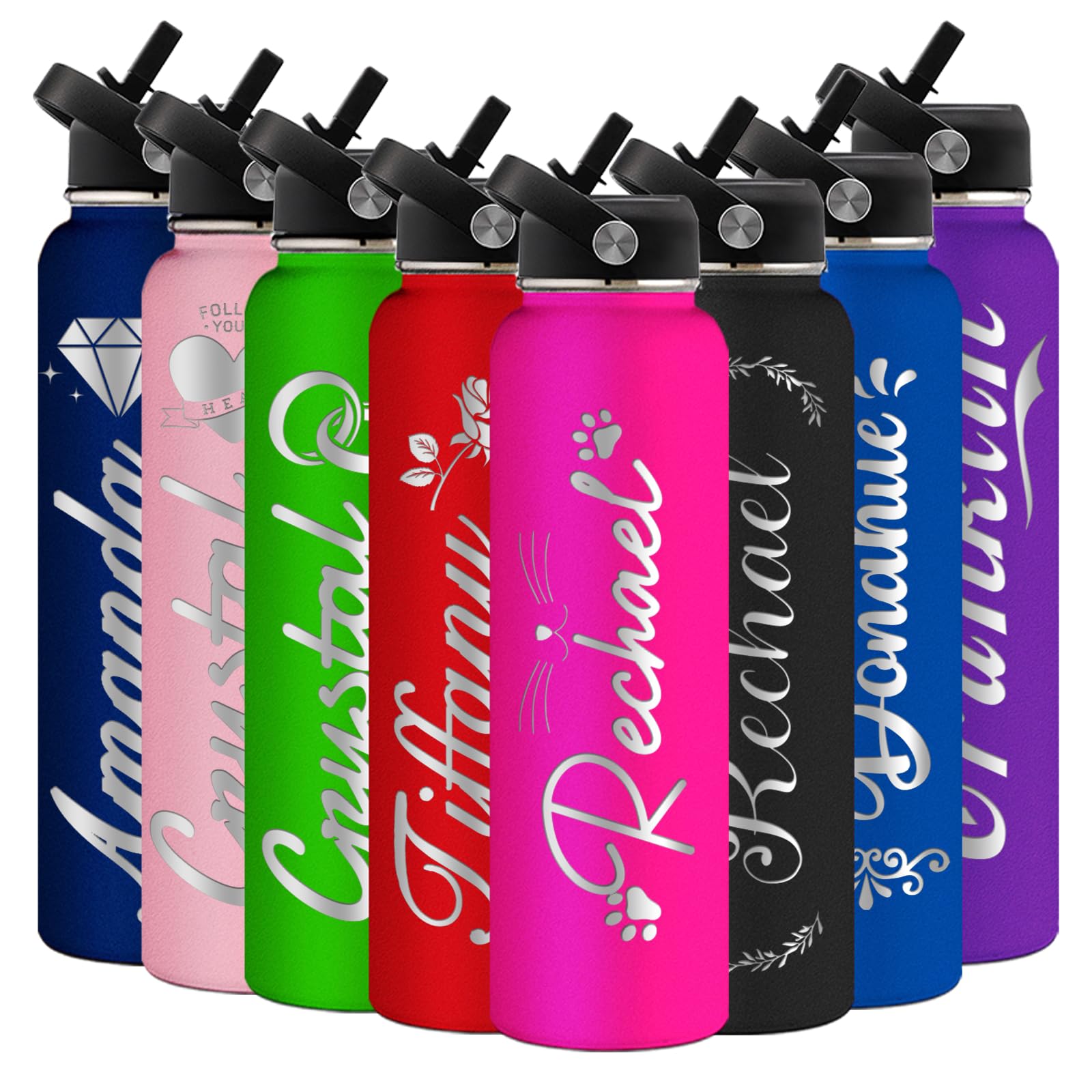 Personalized Stainless Steel Water Bottle with Straw - Custom Engraved Insulated Sport Bottle for Men & Women - Gym, Hiking, Office & Outdoor Activities