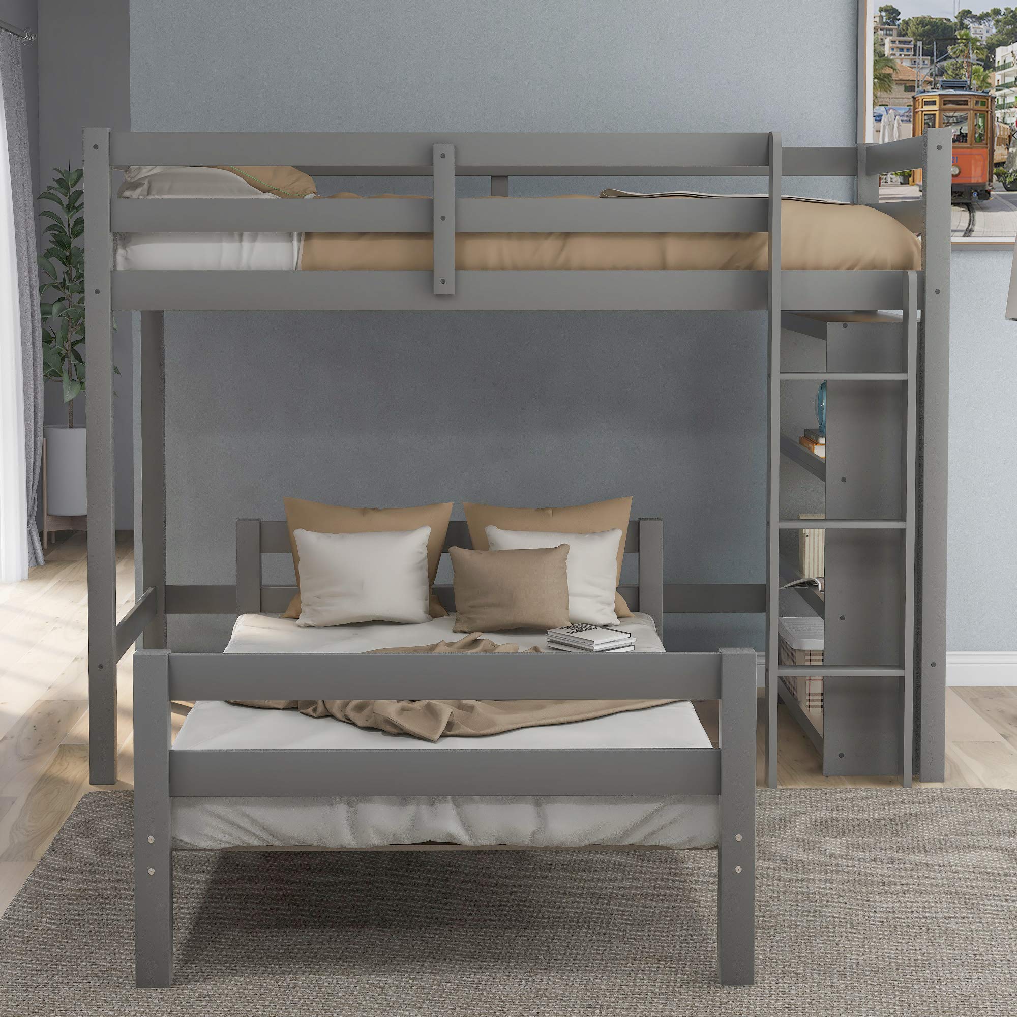 Solid Wood Twin Over Twin L-Shaped Bunk Bed with Shelves & Ladder - Convertible to Loft Bed & Twin Platform Bed, No Box Spring Needed (Grey & Pinewood) - Perfect for Kids' Bedrooms, Guest Rooms & Small Spaces
