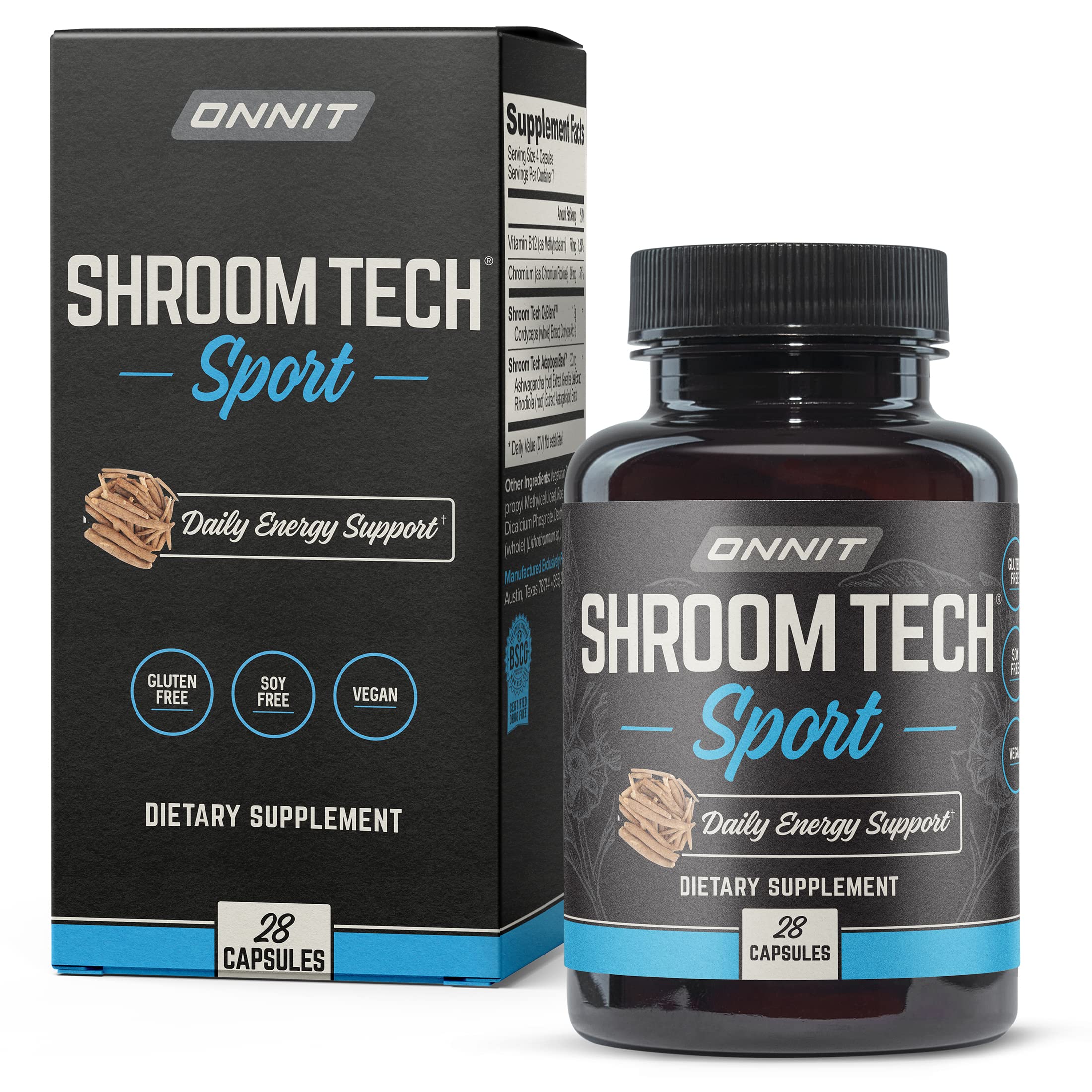 ONNIT Shroom Tech Sport Mushroom Supplement Capsules - Cordyceps & Organic Ingredients for Workout Energy & Exercise Performance - Caffeine-Free Pre Workout Support (28 Count) - Ideal for Gym, Running & Athletic Training
