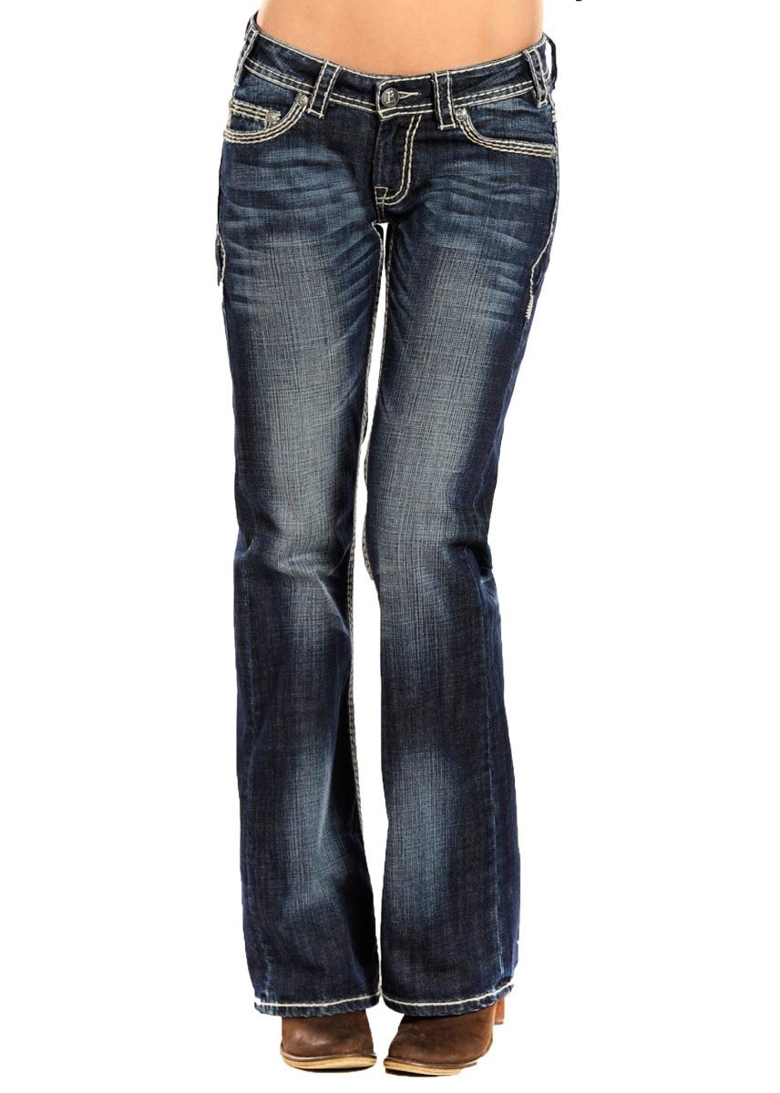 Rock & Roll Cowgirl Women's Mid Rise Bootcut Riding Jeans - Dark Vintage Wash Denim Pants 33W x 32L for Equestrian, Western Fashion & Casual Wear