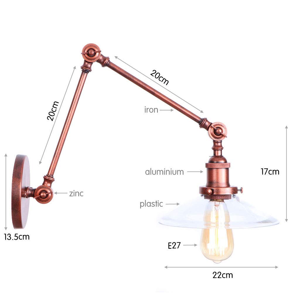 Vintage Adjustable Swing Arm Wall Sconce - Industrial Metal Wall Mounted Light Fixture for Hallway, Kitchen, Bedroom, Attic, Barn & Garage - Perfect Reading Light & Task Lighting for Home & Office